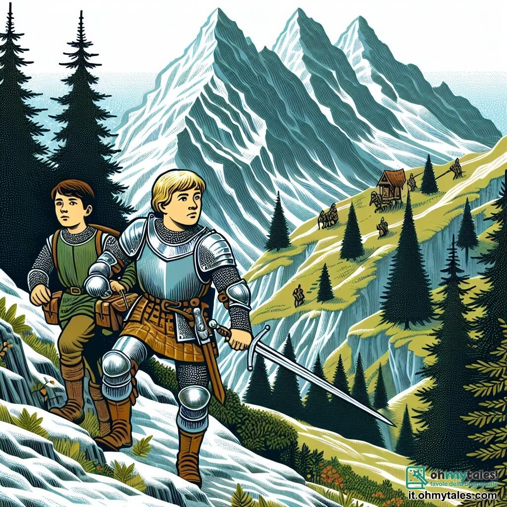 Une illustration destinée aux enfants représentant un jeune chevalier courageux, accompagné de son fidèle écuyer, traversant des montagnes escarpées et boisées, à la recherche de la légendaire épée magique dans le royaume de Roccaforte.