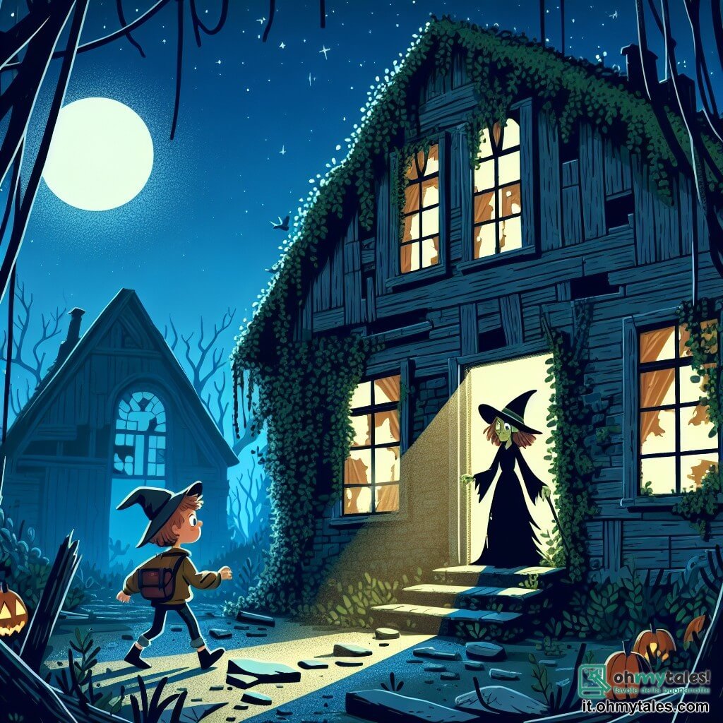 Une illustration destinée aux enfants représentant un jeune garçon avide d'aventures, se retrouvant face à une mystérieuse sorcière dans une vieille maison abandonnée, aux murs couverts de lierre et aux fenêtres brisées laissant filtrer la lumière de la lune.