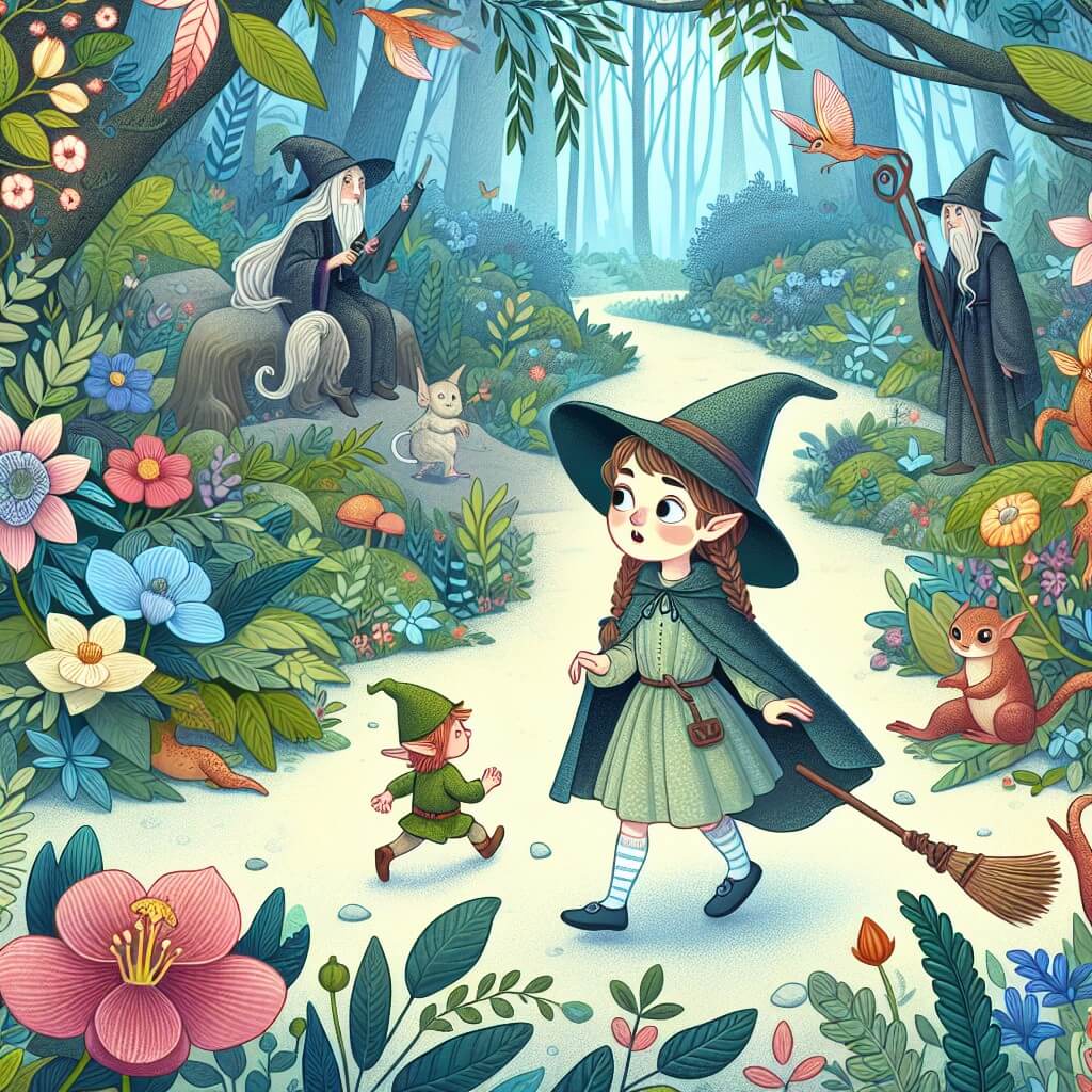 Une illustration destinée aux enfants représentant une apprentie sorcière, perdue dans une forêt enchantée remplie de fleurs colorées et de créatures magiques, accompagnée d'un petit elfe à la recherche du mystérieux Regno dei Maghi.