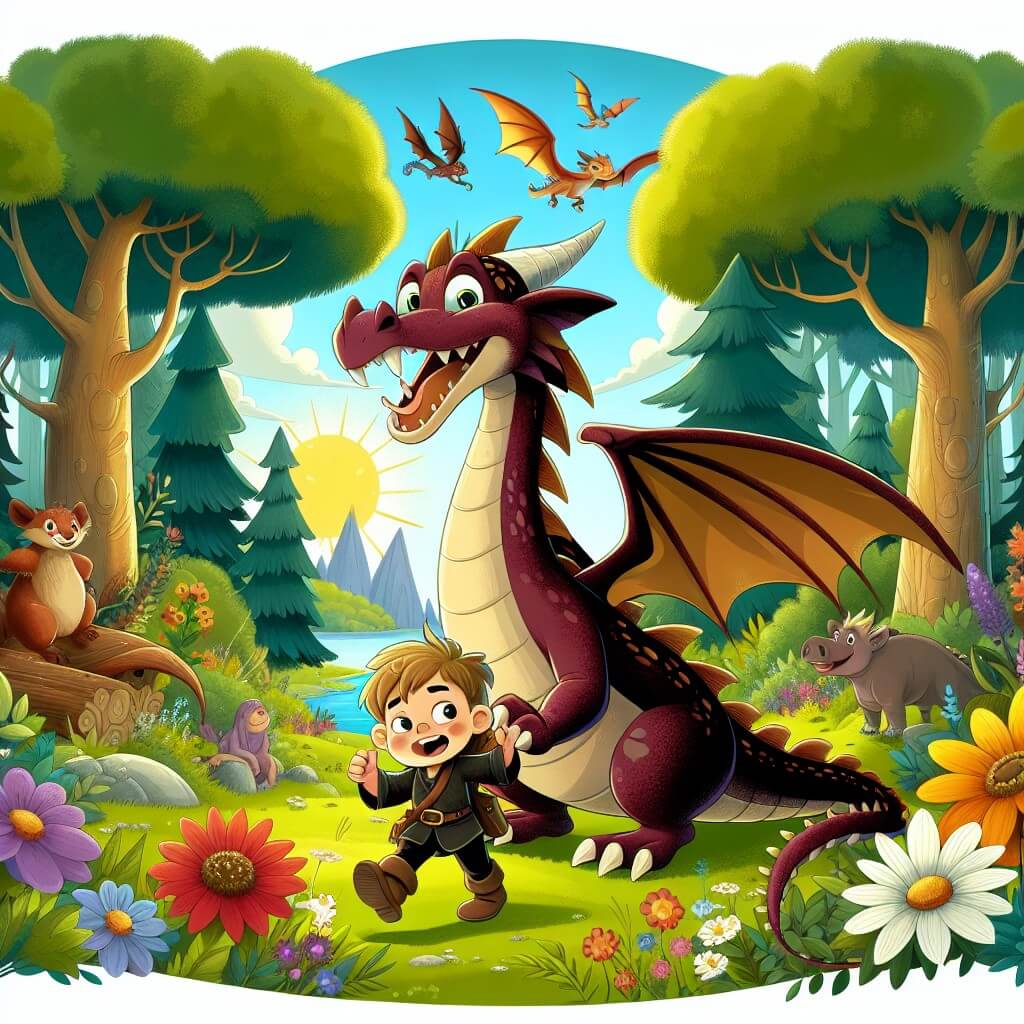 Une illustration destinée aux enfants représentant un dragon farceur et espiègle, accompagné d'un jeune garçon courageux, dans une forêt enchantée remplie de fleurs colorées, arbres majestueux et animaux curieux.