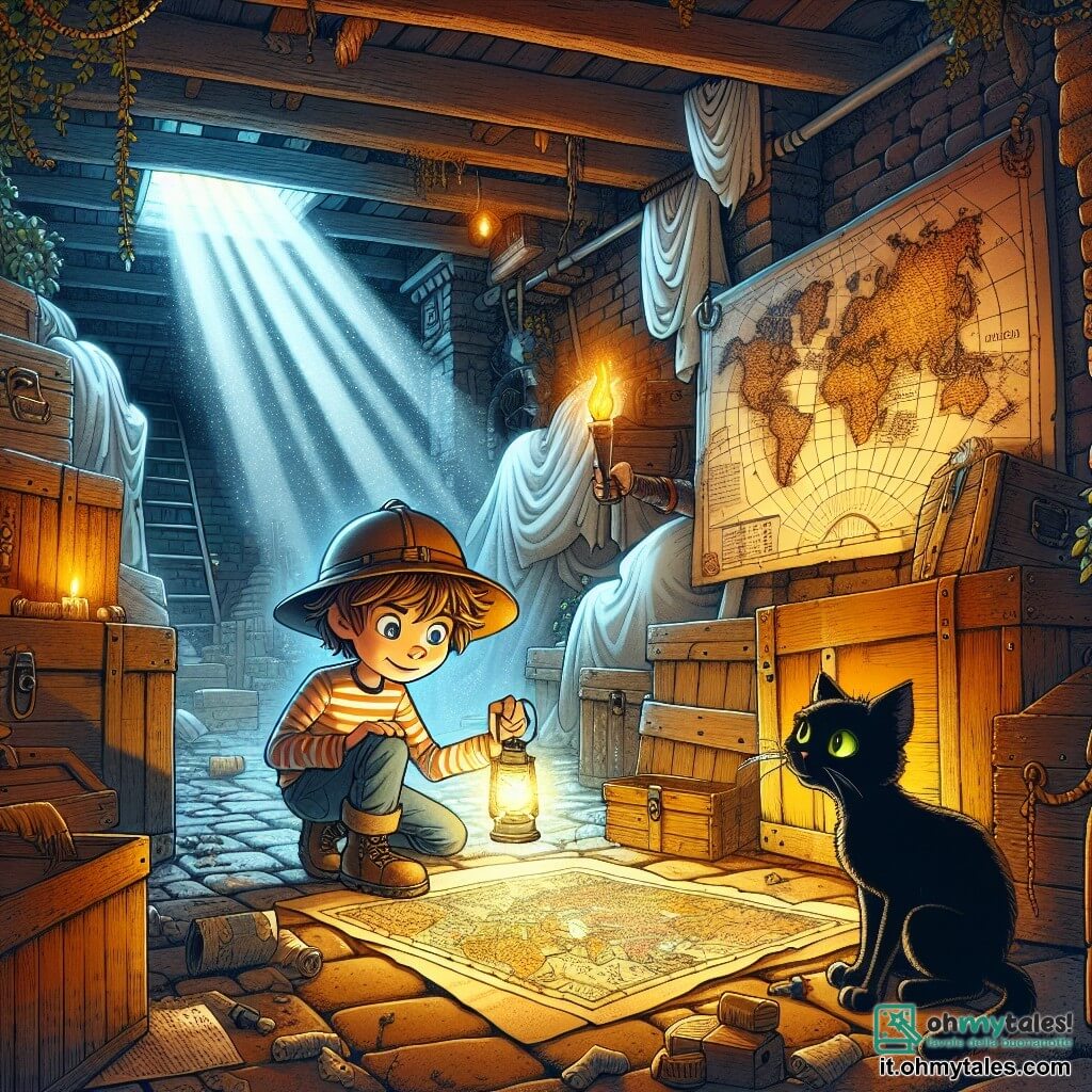 Illustrazione che rappresenta un ampio seminterrato polveroso, pieno di vecchie casse di legno, mobili coperti da lenzuola bianche e una grande mappa appesa al muro, illuminata dalla luce di una torcia. Al centro della scena, un ragazzo di 9 anni con i capelli castani arruffati, indossa un cappello da esploratore e una maglietta a righe, accovacciato davanti a una mappa misteriosa, con gli occhi brillanti di eccitazione. Accanto a lui, un gatto nero dagli occhi verdi, con una postura curiosa, osserva attentamente il ragazzo, come se fosse il suo fedele compagno d'avventura. La scena principale mostra il ragazzo mentre esplora il seminterrato, scoprendo tesori nascosti e sognando un mondo magico attraverso la mappa. Sullo sfondo, raggi di luce filtrano da una piccola finestra, aggiungendo un'atmosfera misteriosa, mentre bolle di pensiero colorate fluttuano attorno al ragazzo, rappresentando i suoi sogni d'avventura.