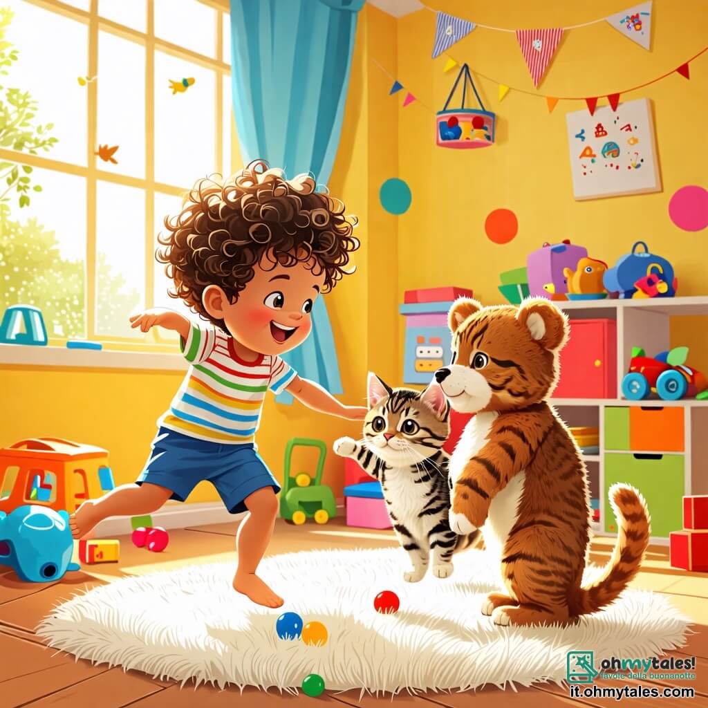 Une illustration sous forme de dessin destinée aux enfants représentant une pièce colorée et ensoleillée, avec des jouets éparpillés sur un tapis moelleux, où un petit garçon de 2 ans aux cheveux bouclés et aux yeux pétillants, vêtu d'un t-shirt rayé et d'un short, est en train de sauter joyeusement tout en tenant un ours en peluche brun aux grandes oreilles, tandis qu'un chaton aux poils tigrés les observe avec curiosité, le tout illustrant un moment amusant d'amitié et de jeu.