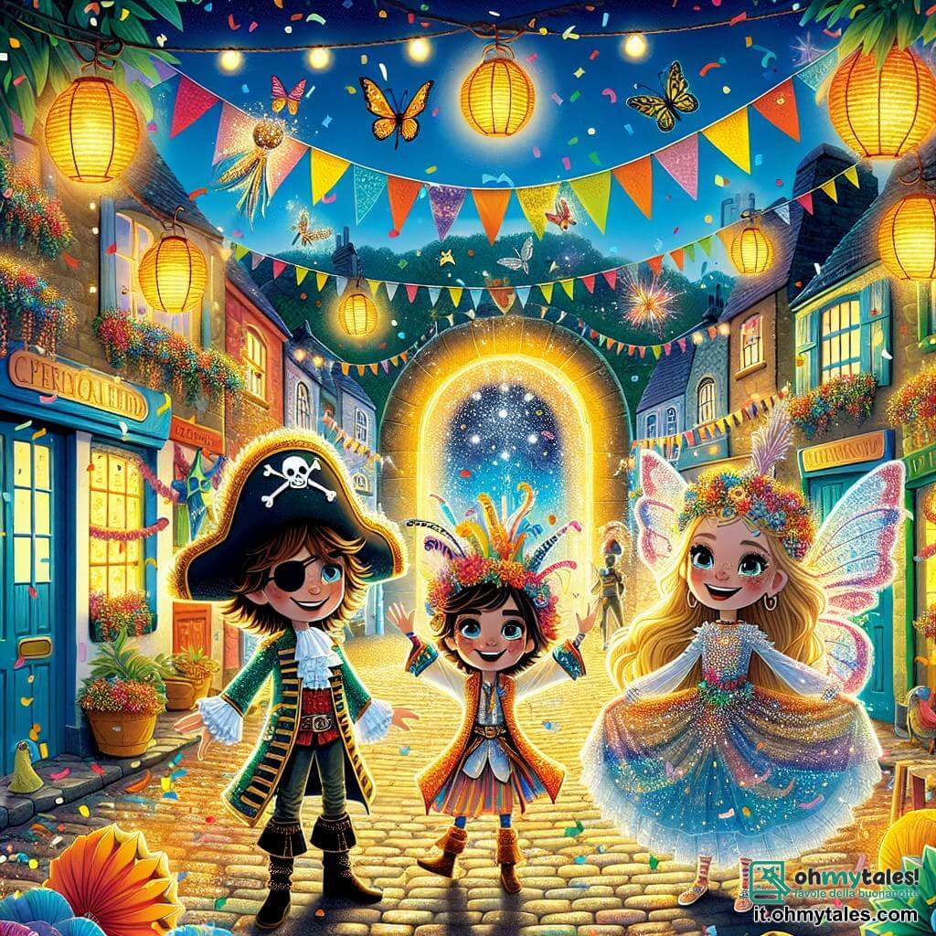 Illustrazione che rappresenta una scena vibrante del carnevale in un piccolo villaggio soleggiato. Le strade sono fiancheggiate da case colorate, decorate con festoni di carta crespa e lanterne scintillanti. I coriandoli fluttuano nell'aria, aggiungendo un tocco festoso all'atmosfera gioiosa. Al centro dell'immagine, un ragazzo di circa dieci anni, con i capelli castani arruffati e gli occhi scintillanti di curiosità, indossa un costume da pirata con un grande cappello a tricorno e una benda nera sull'occhio. Accanto a lui, una ragazza della stessa età, con capelli lunghi e biondi, vestita con un abito da fata decorato con brillantini e piccole stelle, sorride con entusiasmo. Un altro ragazzo, con capelli castani e un sorriso malizioso, è vestito con un'armatura scintillante da cavaliere. La scena mostra i tre amici, in piedi in un vicolo, meravigliati davanti a un misterioso portale luminoso che brilla alla fine del percorso. Fiori colorati e farfalle giganti volano attorno a loro, mentre una melodia incantata sembra provenire dal portale. L'espressione sui loro volti riflette eccitazione e meraviglia, catturando lo spirito di avventura e magia del carnevale.
