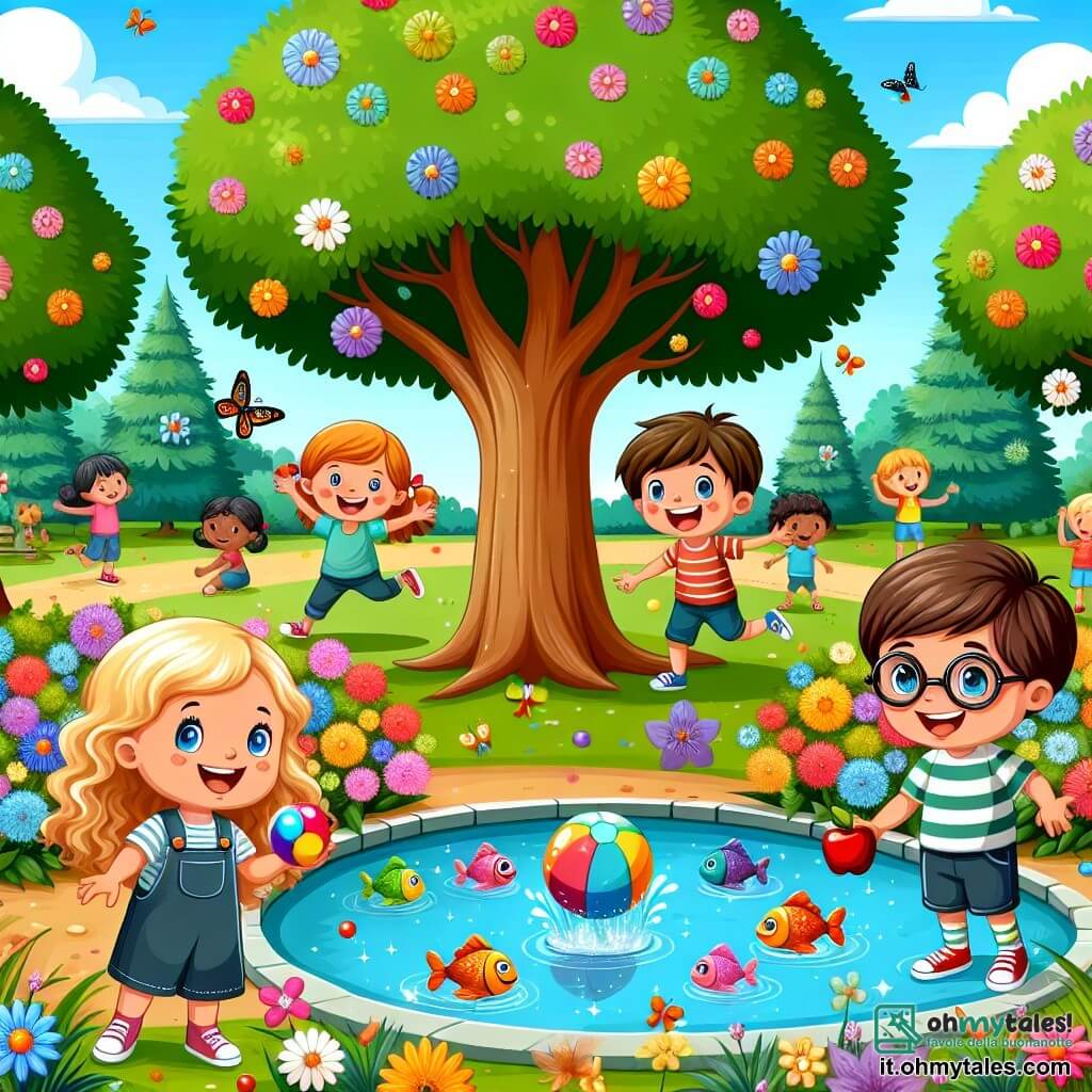 Illustrazione di un parco soleggiato, pieno di fiori colorati e alberi verdi. Al centro, un grande albero maestoso offre ombra, mentre un piccolo stagno scintilla nelle vicinanze, dove pesci saltano felicemente sulla superficie dell'acqua. Ci sono tre bambini: un ragazzo di circa 8 anni con capelli ricci e occhi blu, che sorride tenendo una palla colorata. Accanto a lui, una ragazza di circa 7 anni con lunghi capelli biondi e un sorriso radioso, che tiene una mela rossa e guarda il suo amico con entusiasmo. Infine, un ragazzo di circa 6 anni, con occhiali rotondi e una camicia a righe, che ride mostrando un sasso colorato appena trovato. La scena principale mostra i bambini che giocano insieme, ridendo e condividendo momenti di gioia, simboleggiando l'amicizia. Farfalle volano intorno a loro, aggiungendo un tocco di magia all'atmosfera. Sullo sfondo, altri bambini giocano, rafforzando l'idea di un parco vivace e accogliente.