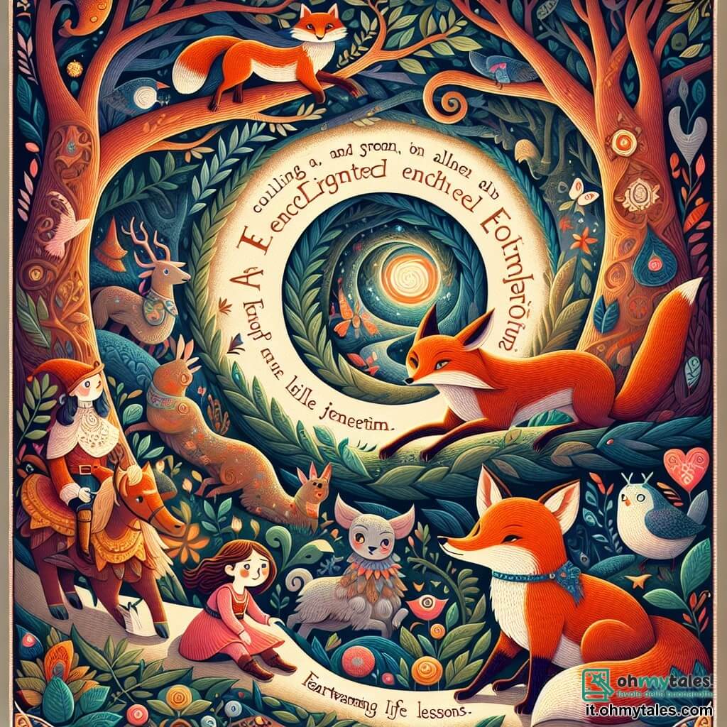 Une illustration destinée aux enfants représentant un renard malicieux, une jeune fille courageuse, et un mystérieux bosco incantato où se déroule une aventure pleine de magie et de leçons de vie.