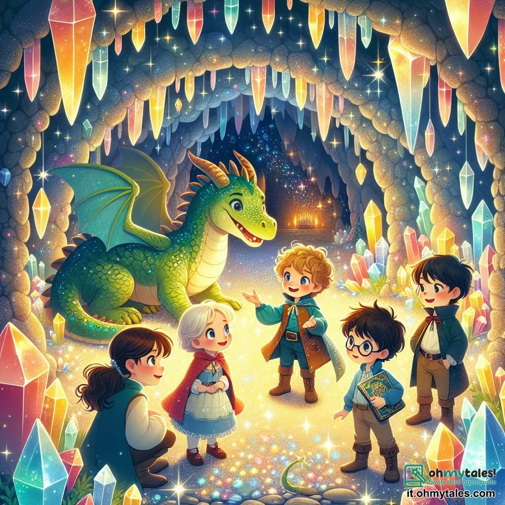 Illustrazione che rappresenta una scena magica all'interno di una caverna scintillante. Le pareti della caverna sono adornate di cristalli brillanti che diffondono una luce dolce e colorata, creando un'atmosfera fiabesca. Al centro, un grande drago verde con squame brillanti come smeraldi si erge maestoso, con un sorriso amichevole sul volto. Quattro bambini sono presenti: un ragazzo di circa 10 anni, con i capelli castani disordinati e gli occhi scintillanti, che guarda il drago con meraviglia; una ragazza di 9 anni, con i capelli biondi intrecciati, che sorride coraggiosamente mentre tiene un libro magico; un ragazzo di 11 anni, con occhiali e capelli castani, che sembra riflettere intensamente; e un altro ragazzo di 10 anni, con capelli neri e ricci, che fa un passo avanti, pronto a parlare con il drago. La situazione principale mostra i bambini che superano la loro paura, pronti a rispondere alla domanda del drago per poter proseguire nella loro avventura. Elementi grafici aggiuntivi includono stelle scintillanti che fluttuano intorno a loro, simboleggiando la magia e l'amicizia, oltre a un sentiero di fiori luminosi che porta all'uscita della caverna.