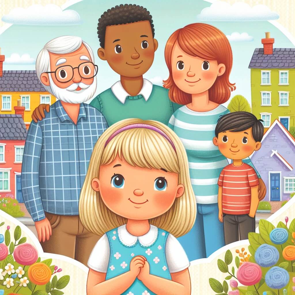 Une illustration destinée aux enfants représentant une petite fille curieuse, entourée d'une famille diverse et chaleureuse, dans un joli quartier avec des maisons colorées et un jardin fleuri.