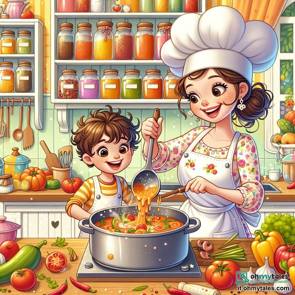 Illustrazione che rappresenta una cucina calda e colorata, con pareti dipinte di giallo pastello e scaffali pieni di barattoli di spezie colorate. Al centro, un grande tavolo in legno è coperto di verdure fresche, frutta e utensili da cucina scintillanti. Il personaggio principale è una donna gioiosa, con capelli castani raccolti in uno chignon, che indossa un grande cappello da chef bianco e un grembiule a fiori. Sorride mentre prepara una salsa in una grande pentola, le sue mani abili mescolano gli ingredienti con passione. Accanto a lei, un giovane ragazzo di circa otto anni, con capelli ricci e occhi brillanti, osserva con meraviglia. Indossa un piccolo grembiule e tiene un coltello adatto ai bambini, pronto ad aiutare. Il suo viso è illuminato dalla curiosità e dall'eccitazione. La scena principale mostra la donna e il ragazzo in azione, creando insieme un piatto delizioso. Schizzi di salsa e pezzi di verdura volano nell'aria, mentre un profumo invitante sembra provenire dalla cucina. Sullo sfondo, finestre lasciano entrare la luce del sole, aggiungendo un'atmosfera gioiosa e accogliente a questa scena di condivisione culinaria.