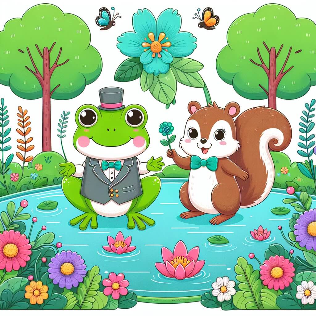 Une illustration destinée aux enfants représentant une adorable grenouille vêtue d'une tenue élégante, accompagnée d'un joyeux écureuil, dans un étang entouré de fleurs colorées et de plantes luxuriantes.