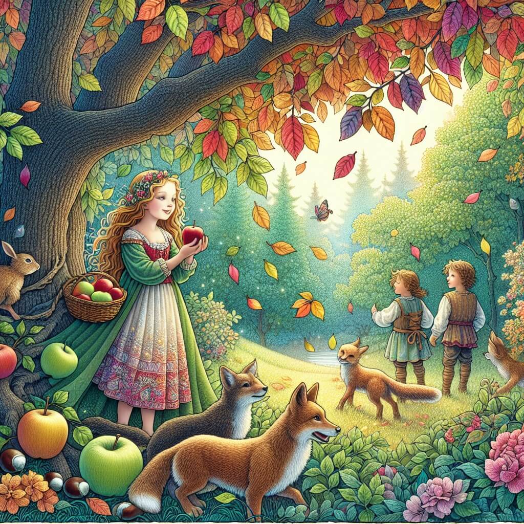 Une illustration destinée aux enfants représentant une jeune fille, émerveillée par l'arrivée de l'automne, qui découvre les mystères des feuilles colorées en compagnie de ses amis, sous un majestueux arbre aux branches chargées de pommes et de châtaignes, dans un paisible jardin aux couleurs chatoyantes.