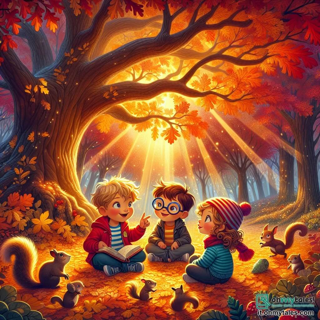 Illustrazione che rappresenta un magnifico parco in autunno, con alberi maestosi dalle foglie dorate, arancioni e rosse, illuminati dalla dolce luce del sole al tramonto. Al centro della scena, tre bambini sono riuniti: un ragazzo di circa 8 anni, con una giacca rossa e un cappello a righe, che indica una grande quercia dalle foglie scintillanti; un ragazzo di circa 9 anni, con occhiali e un libro in mano, che sembra raccontare una storia affascinante; e una ragazza di circa 7 anni, con capelli ricci e una sciarpa colorata, che sorride ascoltando attentamente. I bambini sono seduti su un tappeto di foglie cadute, circondati da piccoli animali curiosi, come scoiattoli e uccelli, che aggiungono un tocco di vita a questa scena magica. L'atmosfera è calda e incantevole, evocando la gioia dell'amicizia e la bellezza dell'autunno.