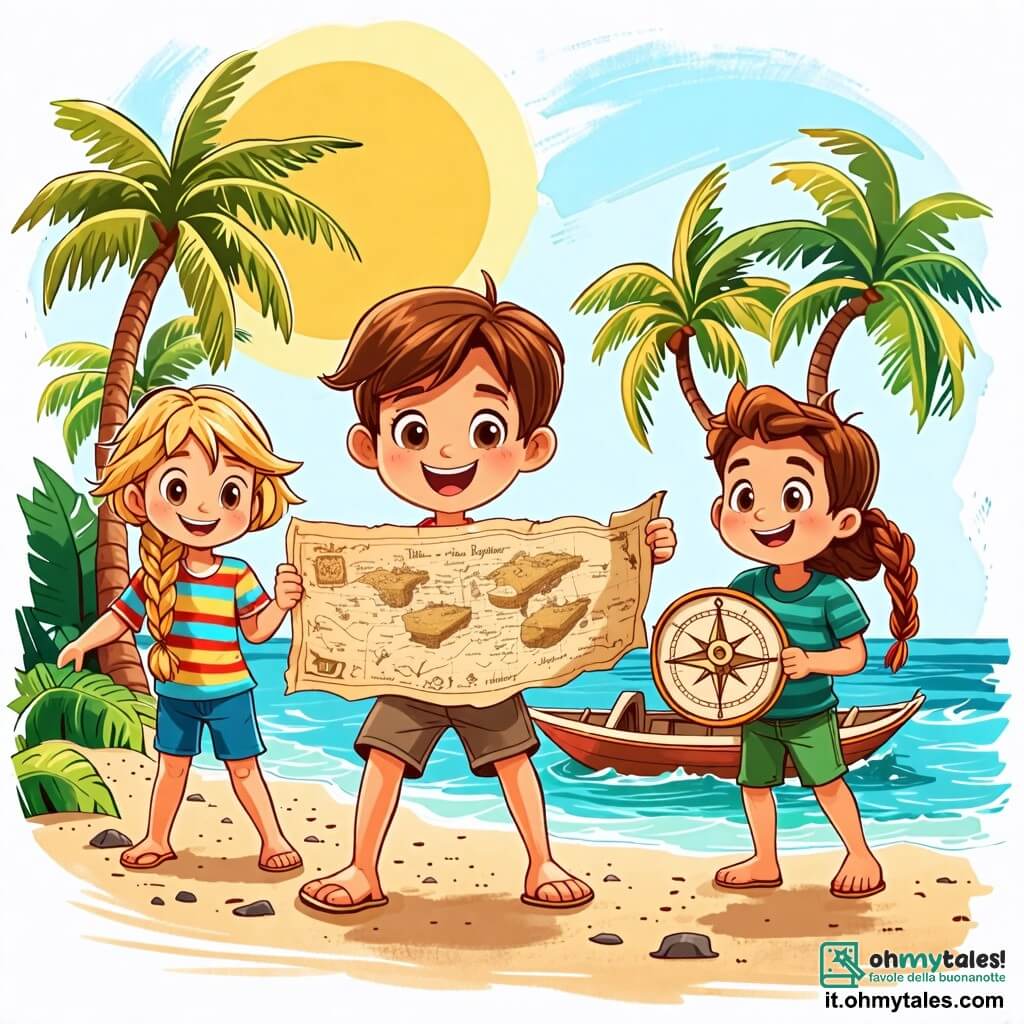 Une illustration sous forme de dessin destinée aux enfants représentant une plage ensoleillée avec des palmiers et des vagues douces, où un garçon de 6 ans aux cheveux bruns et aux yeux pétillants, vêtu d'un t-shirt rayé et d'un short, tient une vieille carte au trésor tout en souriant avec enthousiasme, accompagné de deux amis : une fille aux cheveux blonds tressés, portant une robe colorée et tenant une boussole, et un garçon aux cheveux châtains, en t-shirt vert, qui pointe du doigt une île mystérieuse à l'horizon, alors qu'ils se préparent à embarquer sur leur barque faite maison pour une aventure palpitante à la recherche d'un trésor caché.