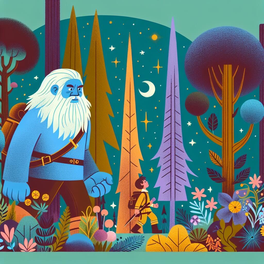 Une illustration destinée aux enfants représentant un géant bienveillant, rencontrant un jeune explorateur intrépide, dans une forêt enchantée où les arbres touffus se dressent comme des gardiens majestueux et les fleurs multicolores égayent le paysage de leur éclat.