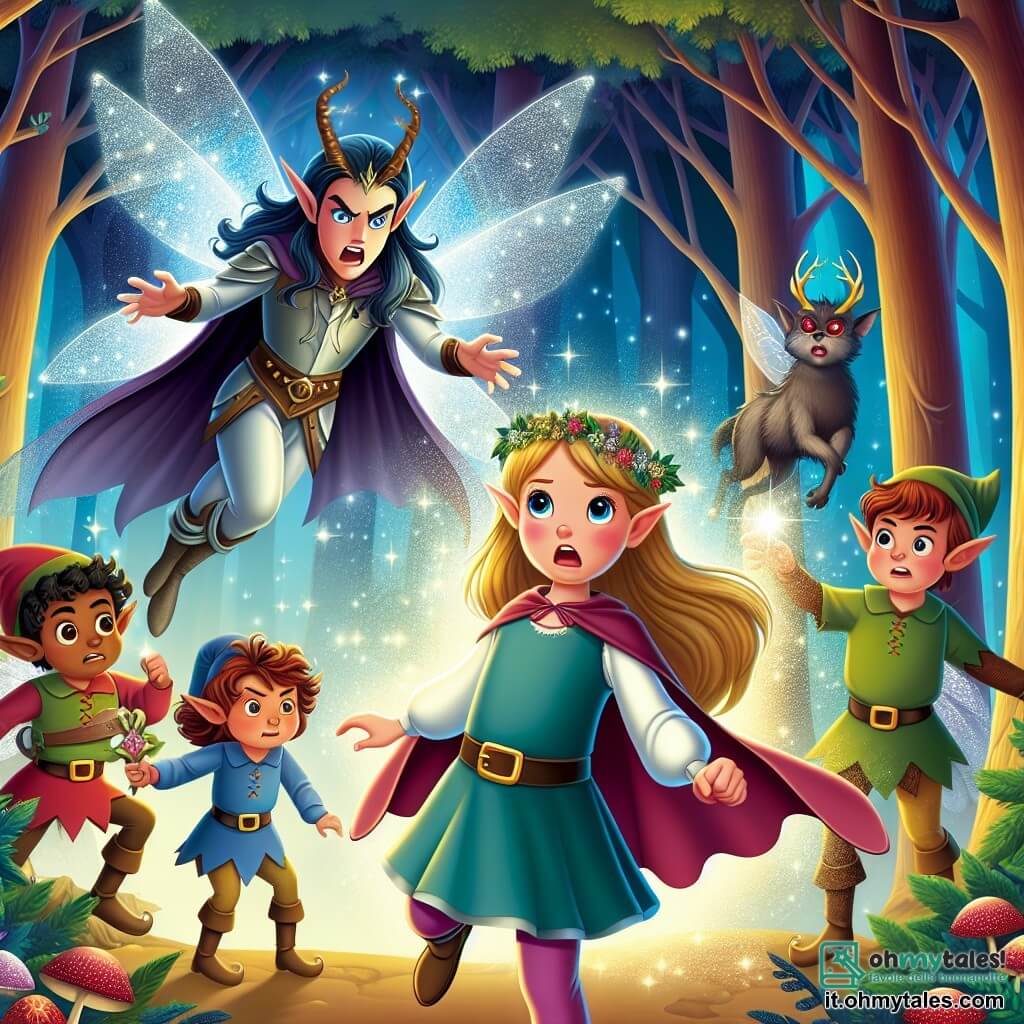 Une illustration destinée aux enfants représentant une jeune elfe courageuse affrontant une fée maléfique pour sauver la Forêt Incantée, accompagnée de ses fidèles compagnons elfiques, dans un décor de majestueux arbres scintillants et d'animaux mystérieux aux yeux étincelants.