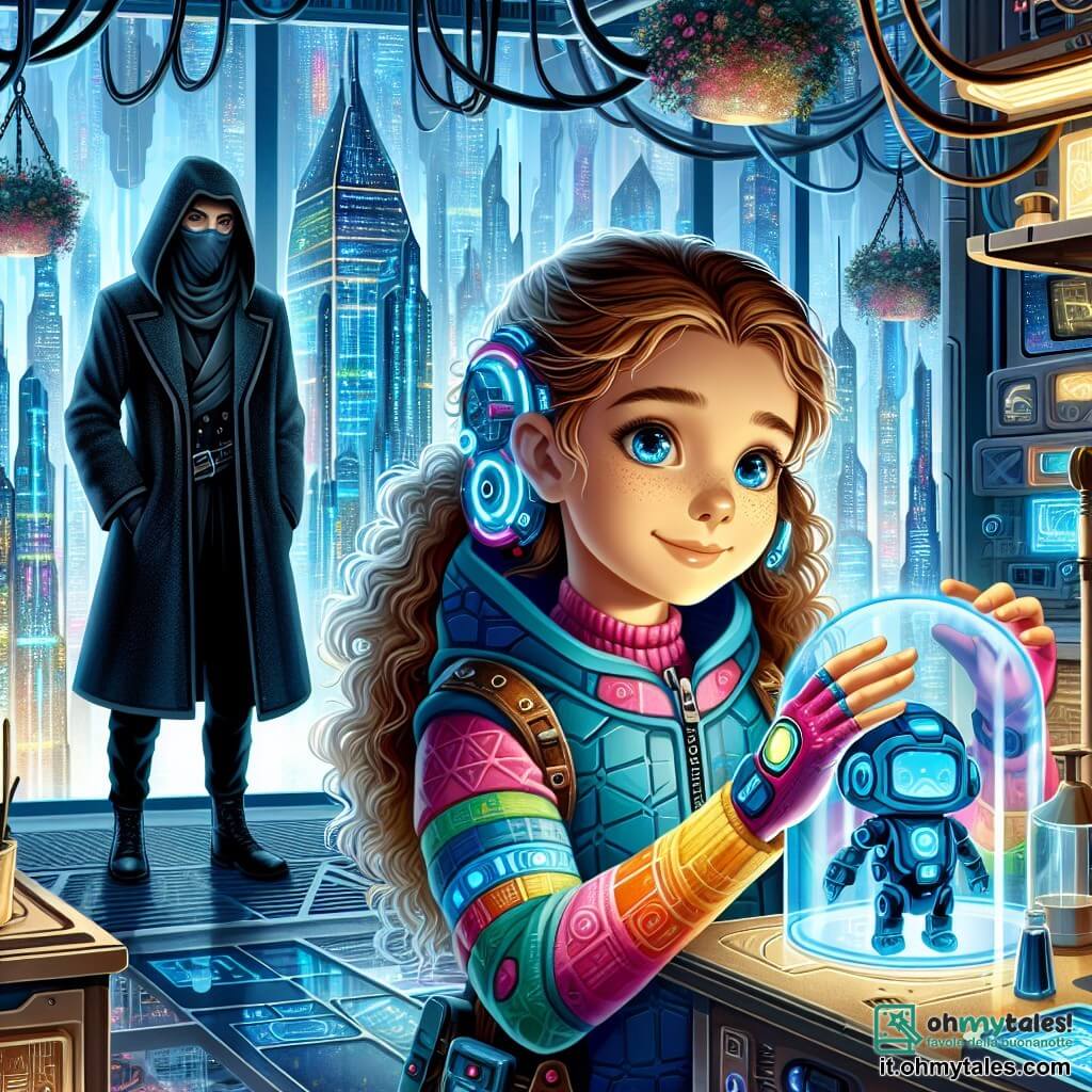 Une illustration sous forme de dessin destinée aux enfants représentant une ville futuriste scintillante avec des gratte-ciels en verre et des jardins suspendus, où une fille de 11 ans aux cheveux bouclés et aux yeux pétillants, vêtue d'une combinaison technologique colorée, examine un petit robot bleu à ses côtés, tandis qu'un homme mystérieux au manteau sombre, au visage caché par un capuchon, observe la scène avec un air intrigué, alors qu'ils se trouvent dans un laboratoire secret rempli d'appareils futuristes, symbolisant l'aventure et la découverte d'une technologie volée.