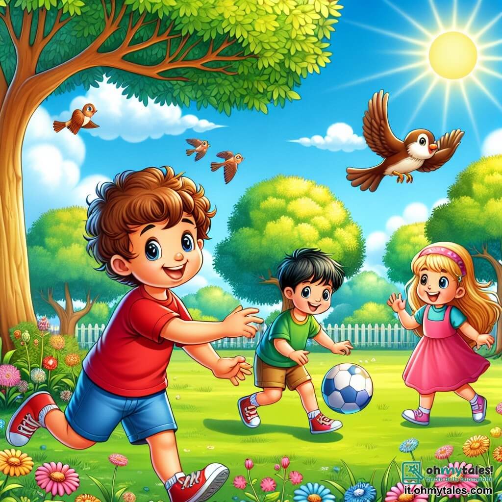 Illustrazione che rappresenta un parco soleggiato con grandi alberi dalle foglie verdi e fiori colorati che danzano sotto la leggera brezza. Al centro dell'immagine, un ragazzo di 5 anni, con capelli castani e ricci, indossa una maglietta rossa e pantaloni corti blu. Sorride felicemente mentre gioca con una palla, i suoi occhi brillano di gioia. Accanto a lui, due bambini: una ragazza di circa 6 anni con capelli lunghi e biondi, che indossa un vestito rosa, e un ragazzo di 5 anni con capelli neri, vestito con una maglietta verde, che ridono e si preparano a prendere la palla. La scena cattura il momento in cui si divertono insieme, lontano dagli schermi, godendo della natura e dell'amicizia. Uccelli colorati volano nel cielo blu, aggiungendo un tocco di vita a questa gioiosa avventura all'aperto.