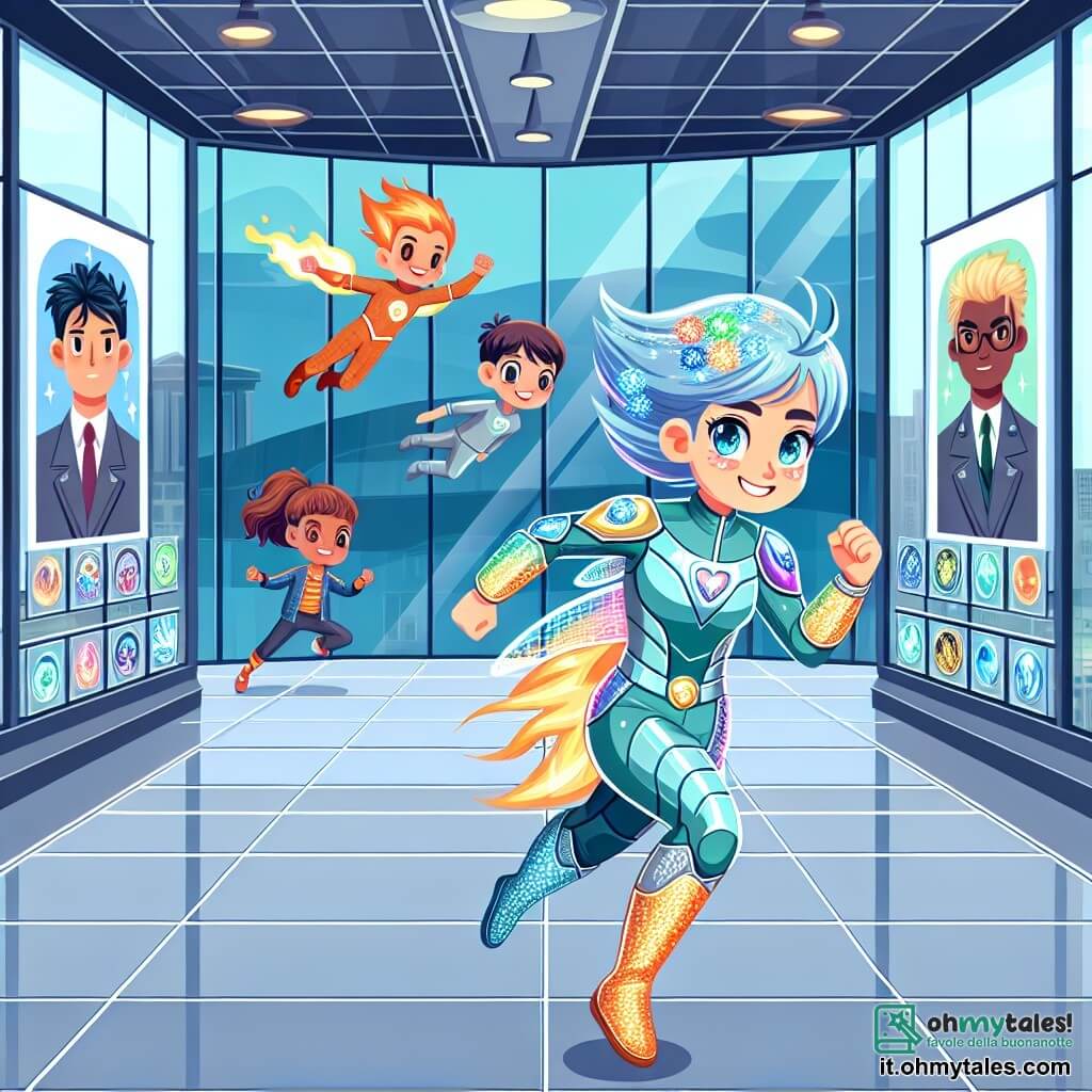 Une illustration sous forme de dessin destinée aux enfants représentant une grande salle d'entraînement du Centre de Formation pour Superhéros, avec des murs en verre et des affiches colorées d'héros légendaires, où une jeune femme aux cheveux bleus scintillants et aux yeux changeants, vêtue d'un costume brillant, court avec détermination pour stopper un vilain, tandis que deux de ses amis, un garçon aux cheveux roux et aux yeux pétillants qui contrôle le feu, et une fille aux cheveux blonds et aux ailes scintillantes qui vole au-dessus d'eux, l'encouragent et se préparent à l'aider dans leur mission pour protéger leur ville.
