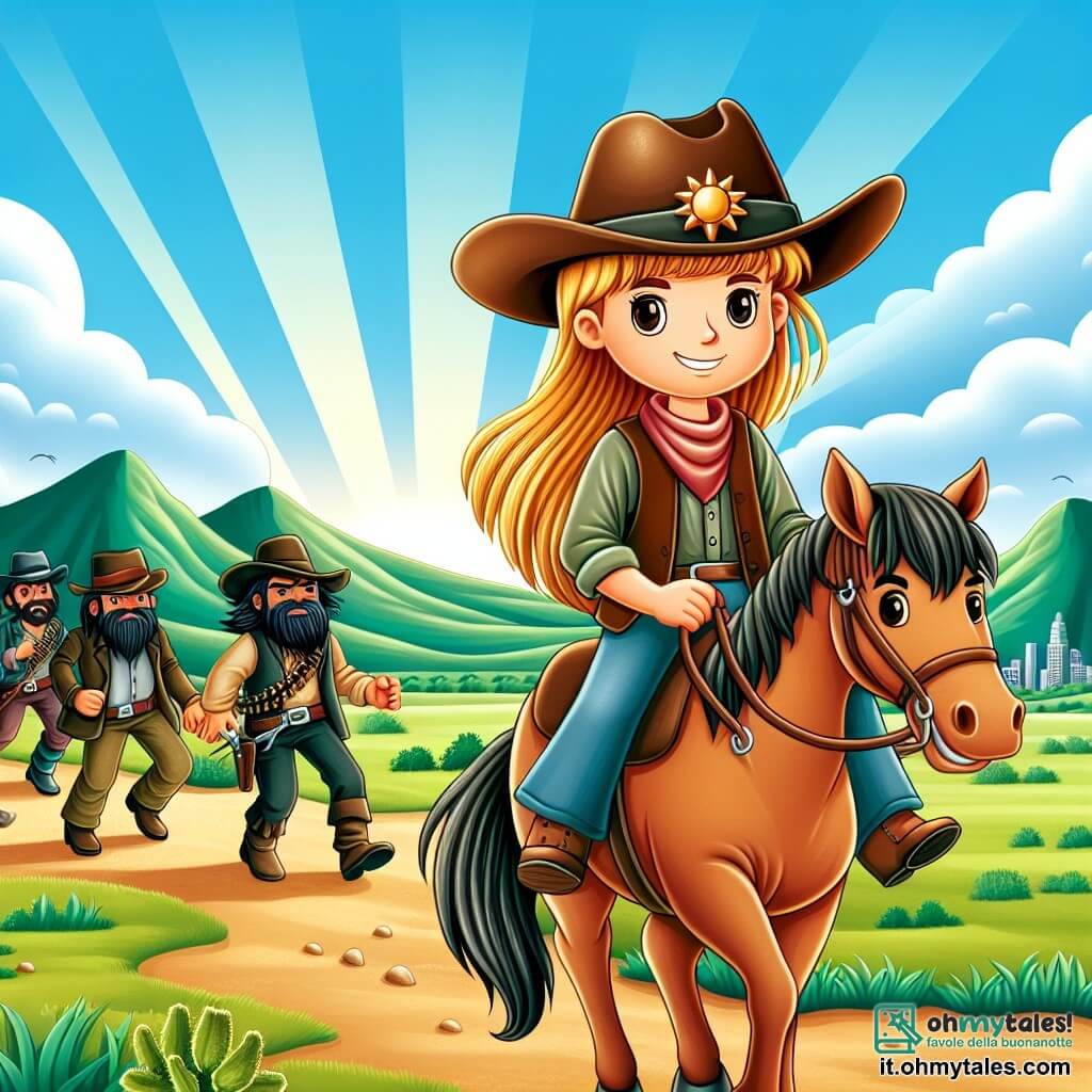 Une illustration sous forme de dessin destinée aux enfants représentant une vaste prairie ensoleillée avec des collines verdoyantes à l'horizon, où une cow-girl courageuse aux longs cheveux blonds, portant un grand chapeau de cowboy et un gilet en cuir, se tient fièrement sur son cheval marron, Striscia, tandis qu'un groupe de bandits, des hommes au visage buriné et aux vêtements poussiéreux, s'éloigne en courant, effrayés par la détermination de la cow-girl qui les a confrontés pour protéger le trésor caché de la grotte mystérieuse.