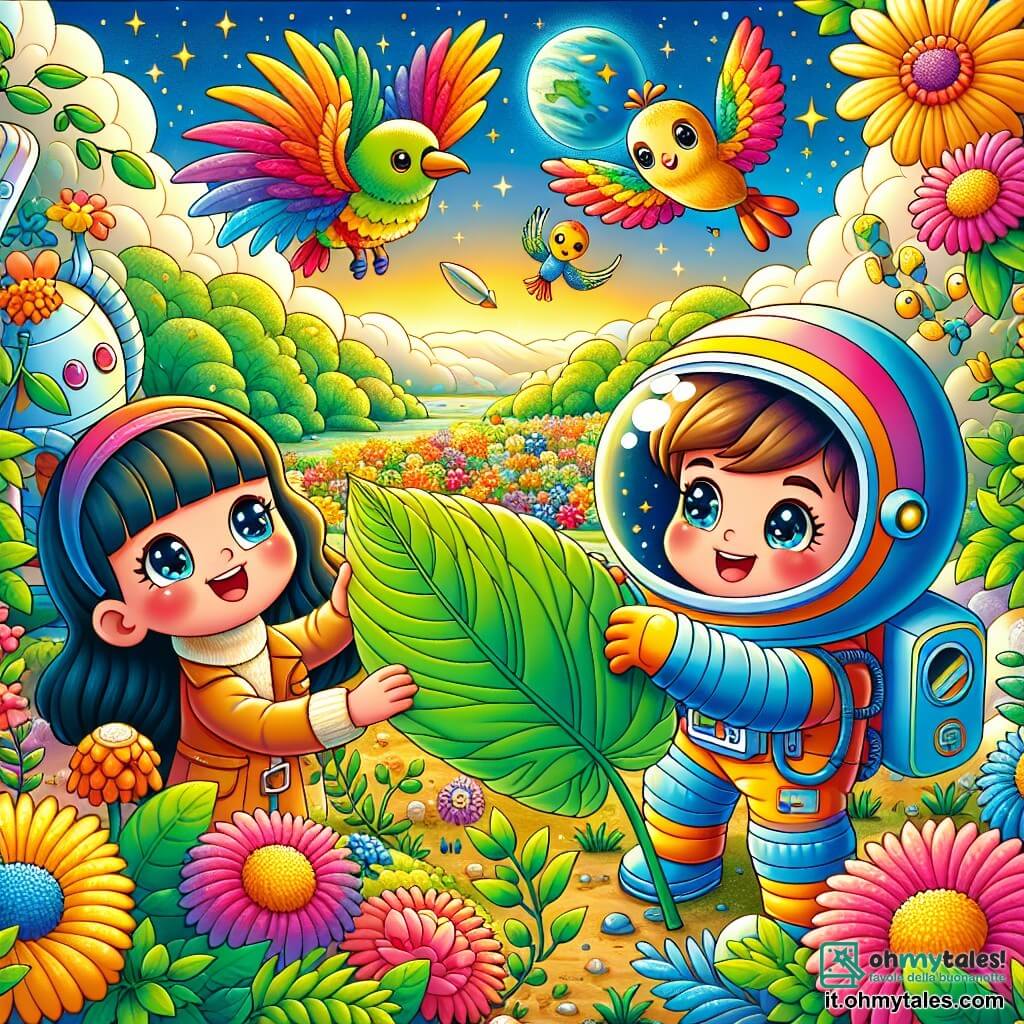 Une illustration sous forme de dessin destinée aux enfants représentant un paysage féerique du planète Arcobaleno, avec des fleurs aux couleurs vives et un ciel éclatant de jaune, où une jeune femme aux longs cheveux noirs et aux yeux brillants, vêtue d'une combinaison spatiale colorée, est en train de construire une maison en utilisant des feuilles géantes, tandis que son meilleur ami, un garçon aux cheveux bruns et aux lunettes, l'aide en tenant une grande feuille, et une petite fille aux cheveux blonds, joyeuse et curieuse, observe des animaux volants aux plumes multicolores qui dansent autour d'eux, le tout dans une ambiance de camaraderie et d'aventure.