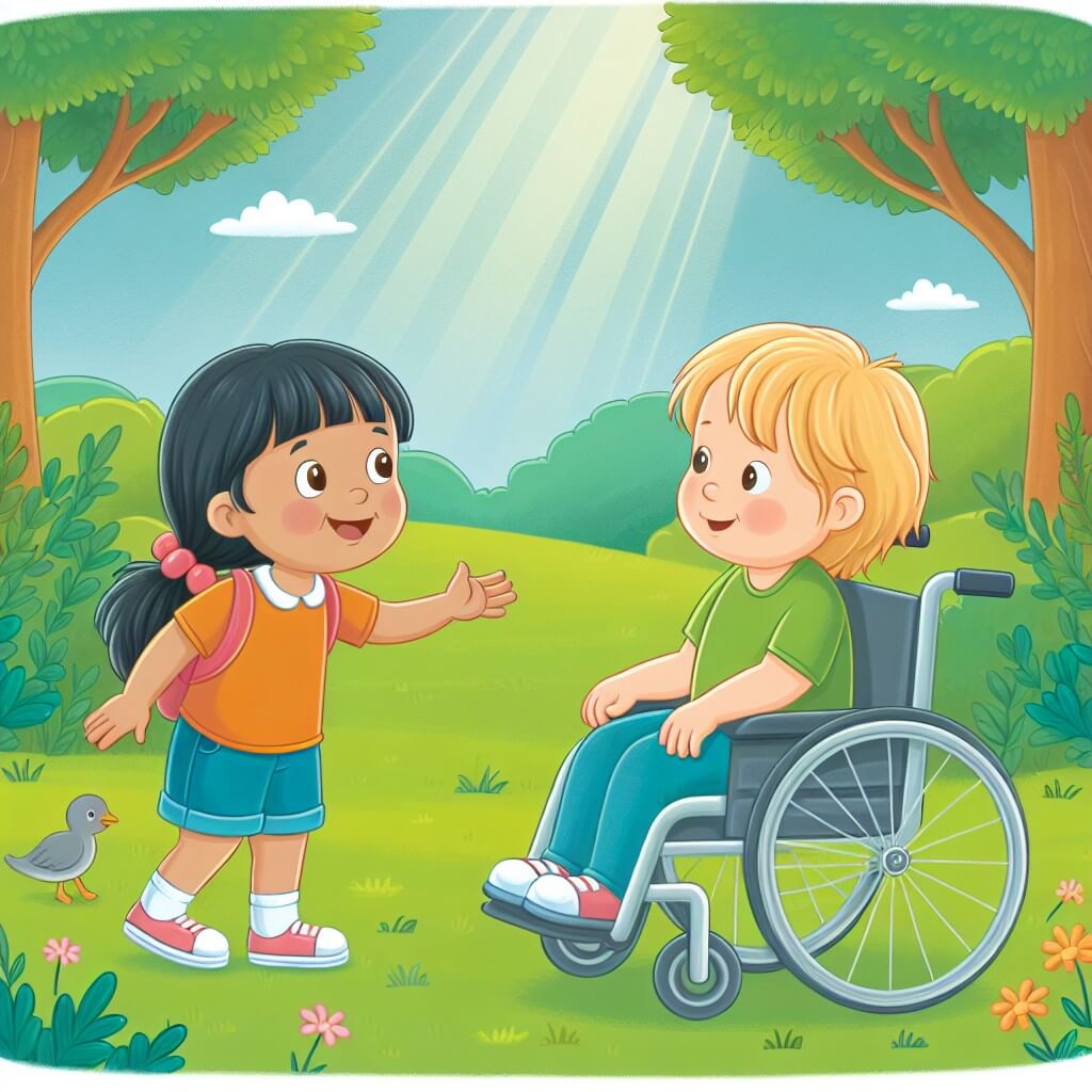 Une illustration destinée aux enfants représentant une petite fille curieuse et pleine d'énergie, qui fait la rencontre d'un nouvel ami différentement abledans un parc verdoyant et paisible.