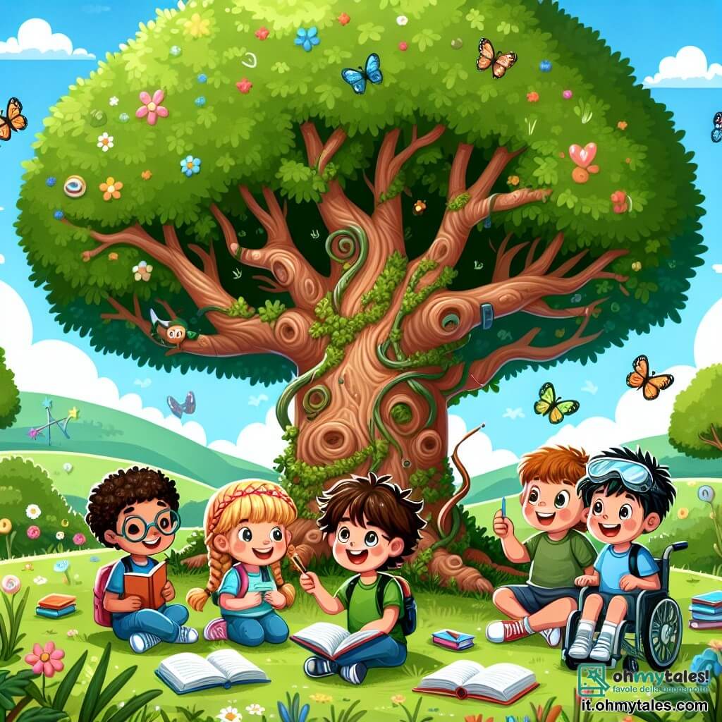 Illustrazione che rappresenta un maestoso grande albero di quercia, con un tronco largo e nodoso, circondato da colline verdi sotto un cielo azzurro chiaro punteggiato di nuvole bianche e soffici. All'ombra di quest'albero, quattro amici si trovano in cerchio: un ragazzo di circa 10 anni, con capelli castani arruffati e occhiali, che legge un libro con le stelle negli occhi; una ragazza di 9 anni, con capelli biondi intrecciati, che sorride tenendo un quaderno e una matita, pronta a prendere appunti; un ragazzo di 11 anni, con capelli neri e occhiali protettivi sulla fronte, che mostra orgogliosamente un piccolo gadget che ha appena costruito; e infine, un ragazzo di 12 anni, seduto su una sedia a rotelle, con un grande sorriso e occhi scintillanti, che ascolta attentamente i suoi amici. La scena principale mostra gli amici che discutono con entusiasmo dei loro sogni d'avventura, circondati da libri sparsi intorno a loro, mentre farfalle colorate volano nell'aria. Sullo sfondo, fiori selvatici e uccelli canori aggiungono un tocco di magia a questa scena di amicizia e scoperta.