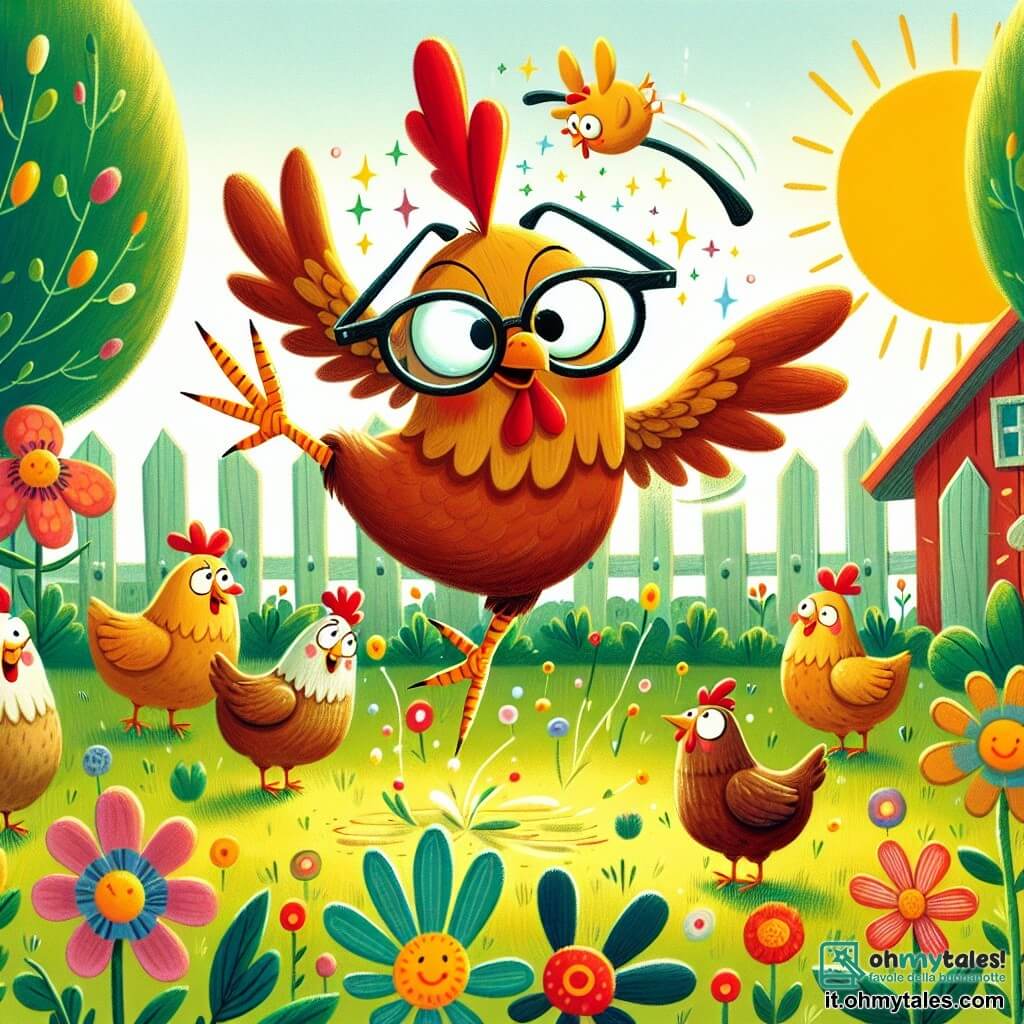 Une illustration destinée aux enfants représentant une poule curieuse et espiègle faisant des acrobaties avec des lunettes magiques, sous le regard étonné de ses amies gallines, dans la cour ensoleillée d'une petite ferme entourée de fleurs colorées et d'arbres verdoyants.