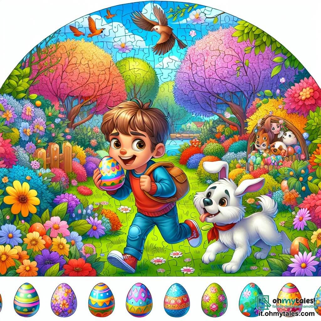 Une illustration destinée aux enfants représentant un garçon espiègle en train de chercher des œufs de Pâques dans un jardin fleuri, accompagné de son chien fidèle, dans un parc enchanté aux arbres en fleurs et aux couleurs vives.