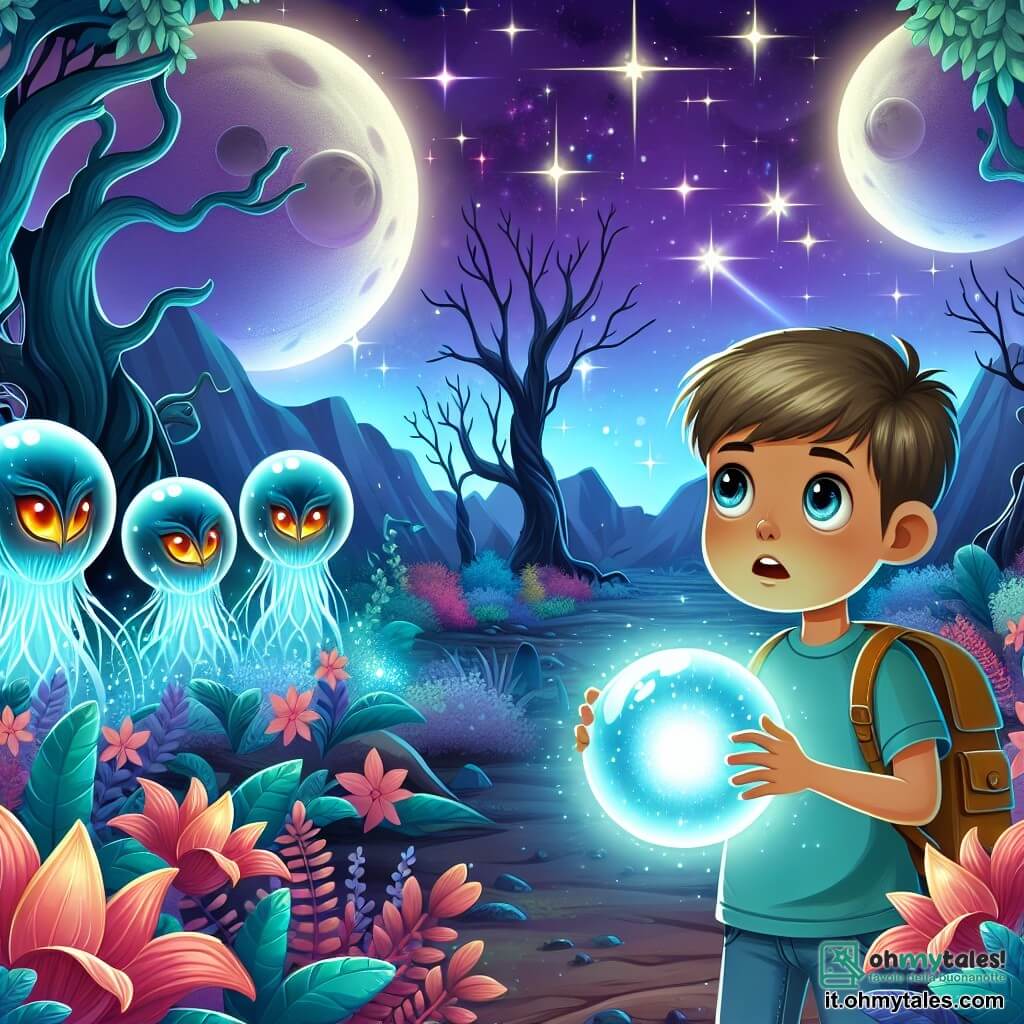 Une illustration destinée aux enfants représentant un garçon curieux découvrant une sphère lumineuse dans un mystérieux bosco fiorito, accompagné de créatures alieniennes aux yeux brillants, sur un planète lointaine aux deux lunes géantes et un ciel viola scintillant.