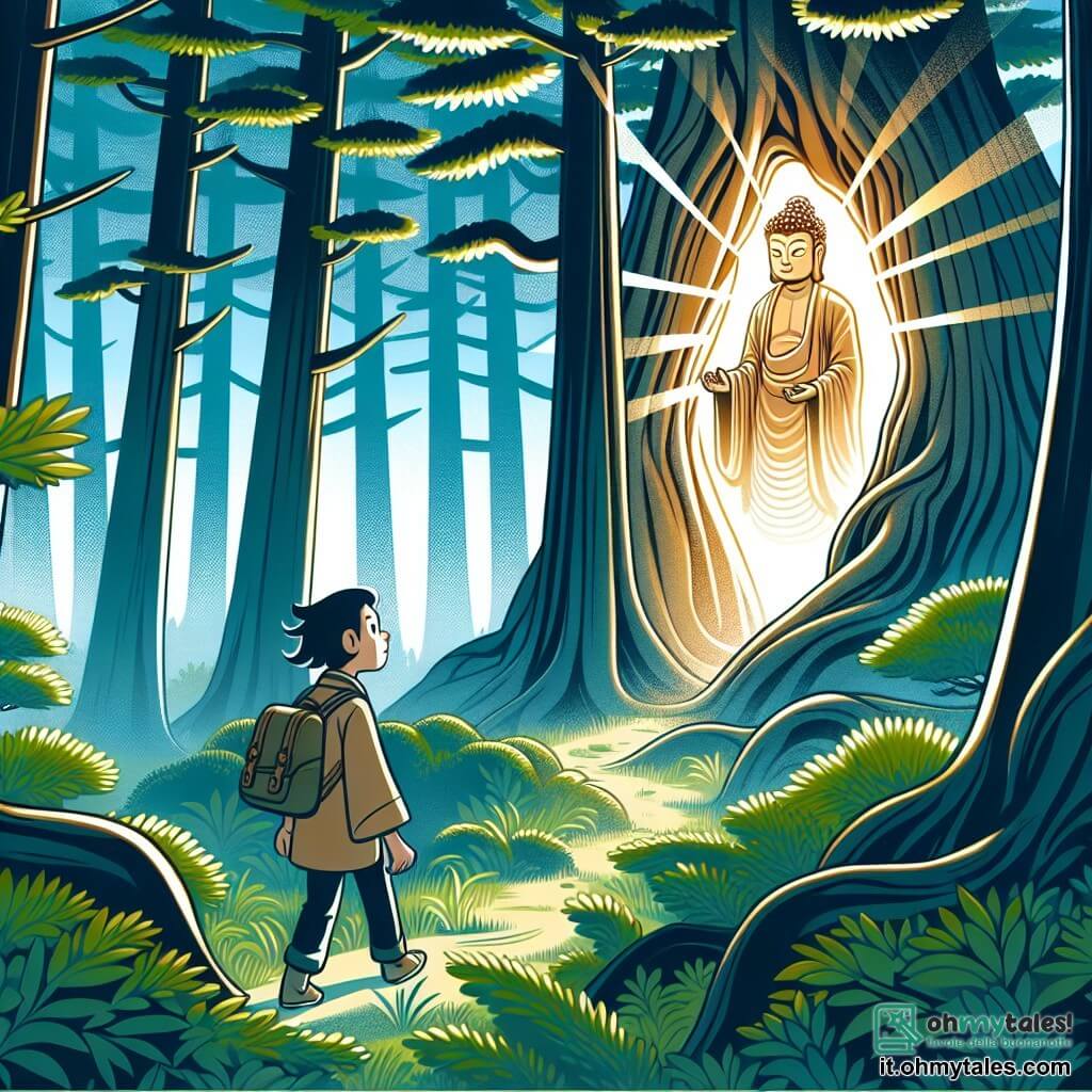 Une illustration destinée aux enfants représentant un homme curieux et sage se perdant dans une forêt enchantée du Japon, rencontrant un mystérieux Bodhisattva lumineux, dans un bosquet de cèdres majestueux baignés par une douce brise.