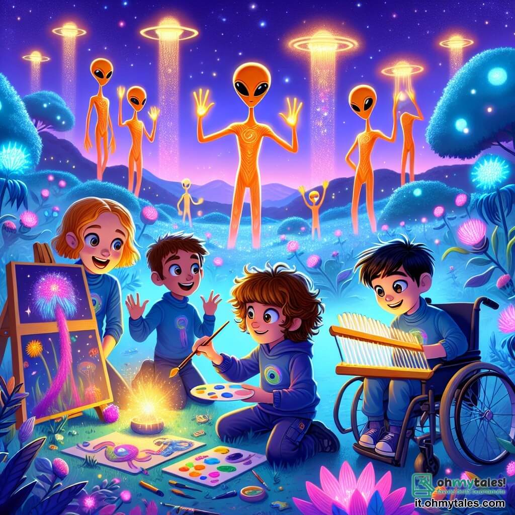 Illustrazione che rappresenta una scena vibrante sul pianeta Zoltar, dove la vegetazione è di un blu brillante e fiori fosforescenti illuminano il paesaggio. Al centro, un gruppo di quattro bambini: un ragazzo dai capelli castani e occhi scintillanti, di nove anni, che tiene un cristallo luminoso tra le mani, affascinato dalla sua brillantezza; una ragazza dai capelli ricci e dorati, di nove anni, che dipinge con colori vivaci su una tela, con un sorriso radioso sul volto; un ragazzo dai capelli castani, di nove anni, in sedia a rotelle, concentrato su un puzzle complesso, con un'espressione determinata; e infine, una ragazza dai capelli neri e lisci, di nove anni, che suona l'arpa con note scintillanti che fluttuano attorno a lei. Sullo sfondo, alieni zoltariani, alti e arancioni, con antenne curiose, osservano i bambini con meraviglia. La scena emana un'atmosfera di gioia e collaborazione, con cristalli energetici scintillanti e stelle brillanti nel cielo viola.