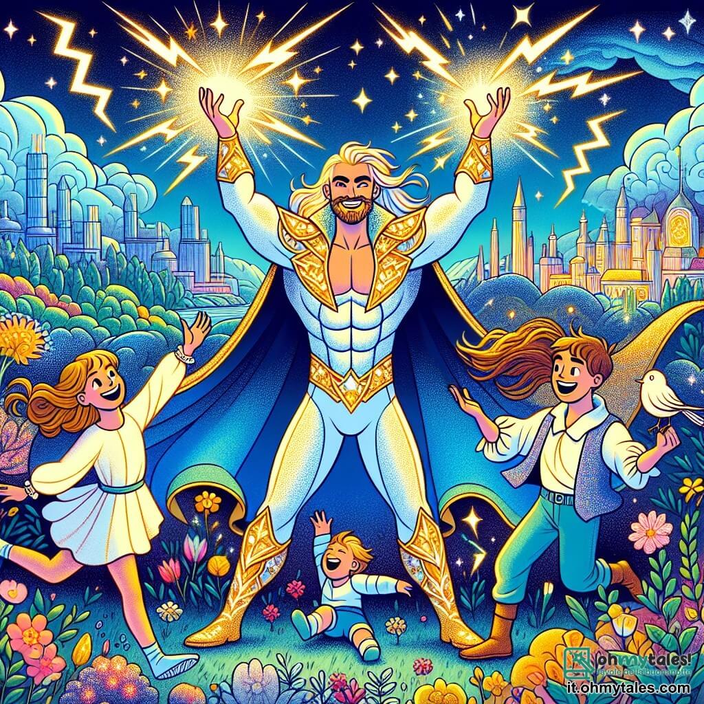 Une illustration sous forme de dessin destinée aux enfants représentant un paysage coloré et magique de Luminalia, avec un homme grand et musclé portant un costume bleu orné de fulgurantes éclairs dorés, souriant et levant les bras en signe de victoire, entouré de trois jeunes héros : une fille aux longs cheveux dorés qui fait fleurir des plantes autour d'elle, un garçon petit et vif qui rit joyeusement, et une fille calme aux cheveux bruns qui converse avec des oiseaux, tous unis pour célébrer leur triomphe après avoir sauvé leur ville d'une tempête menaçante, tandis que des nuages sombres s'éloignent et que le soleil commence à briller à nouveau.
