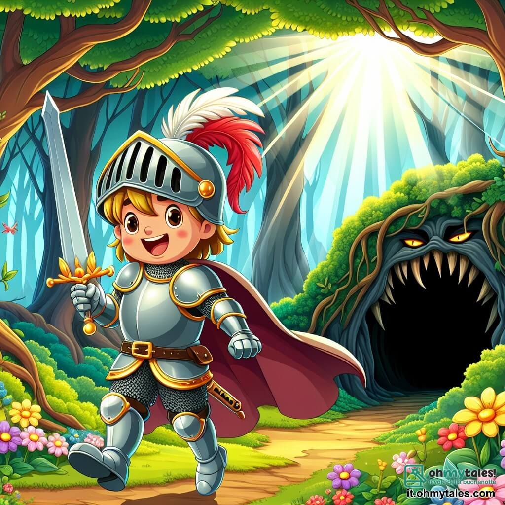 Une illustration sous forme de dessin destinée aux enfants représentant une vaste forêt enchantée avec des arbres majestueux et des fleurs colorées, où un courageux chevalier en armure brillante, avec un casque orné de plumes et un grand sourire, brandit son épée tout en s'avançant vers une caverne sombre, tandis qu'une jeune princesse aux cheveux dorés, vêtue d'une robe scintillante, l'observe avec admiration et espoir, illustrant le moment où le chevalier se prépare à sauver la princesse capturée par une terrible bestiole, avec des rayons de soleil perçant à travers les branches, ajoutant une touche magique à la scène.