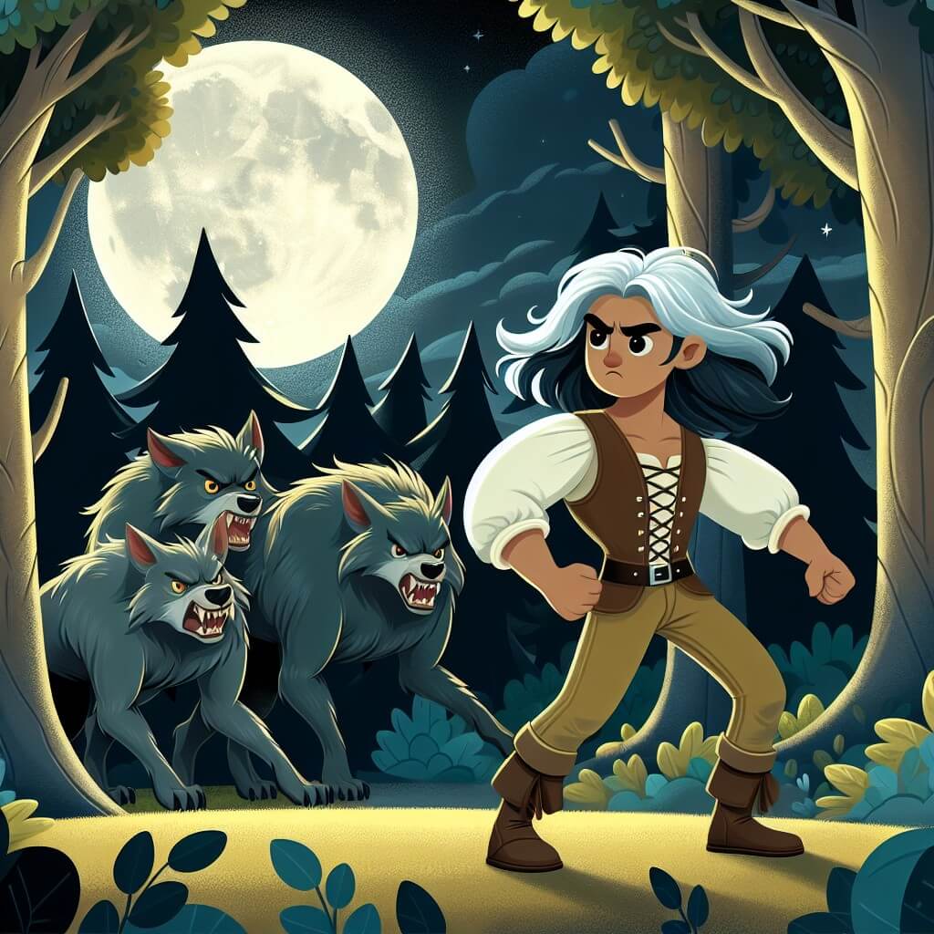Une illustration destinée aux enfants représentant une créature mi-homme mi-loup, avec de longs poils argentés, se tenant courageusement devant une meute de loups-garous menaçants, dans une forêt enchantée aux arbres majestueux, baignée par la lueur de la lune.