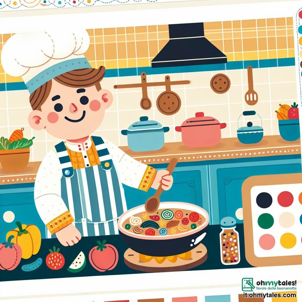 Une illustration destinée aux enfants représentant un chef cuisinier souriant, vêtu d'un gilet rayé et d'un tablier à pois, préparant de délicieux plats dans une cuisine colorée et chaleureuse, entouré de ses amis gourmands.