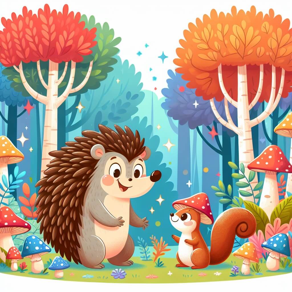 Une illustration destinée aux enfants représentant un hérisson joyeux et curieux qui fait la connaissance d'un écureuil espiègle dans une forêt enchantée remplie de grands arbres aux feuilles multicolores et de champignons magiques.