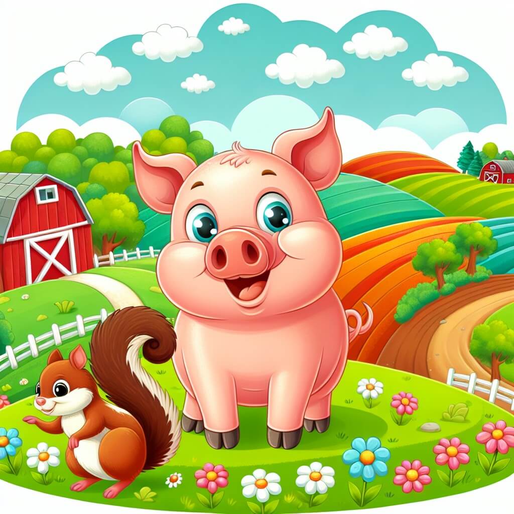 Une illustration destinée aux enfants représentant un joyeux cochon, accompagné d'un curieux écureuil, dans une ferme colorée entourée de champs verdoyants et de collines ondulantes.
