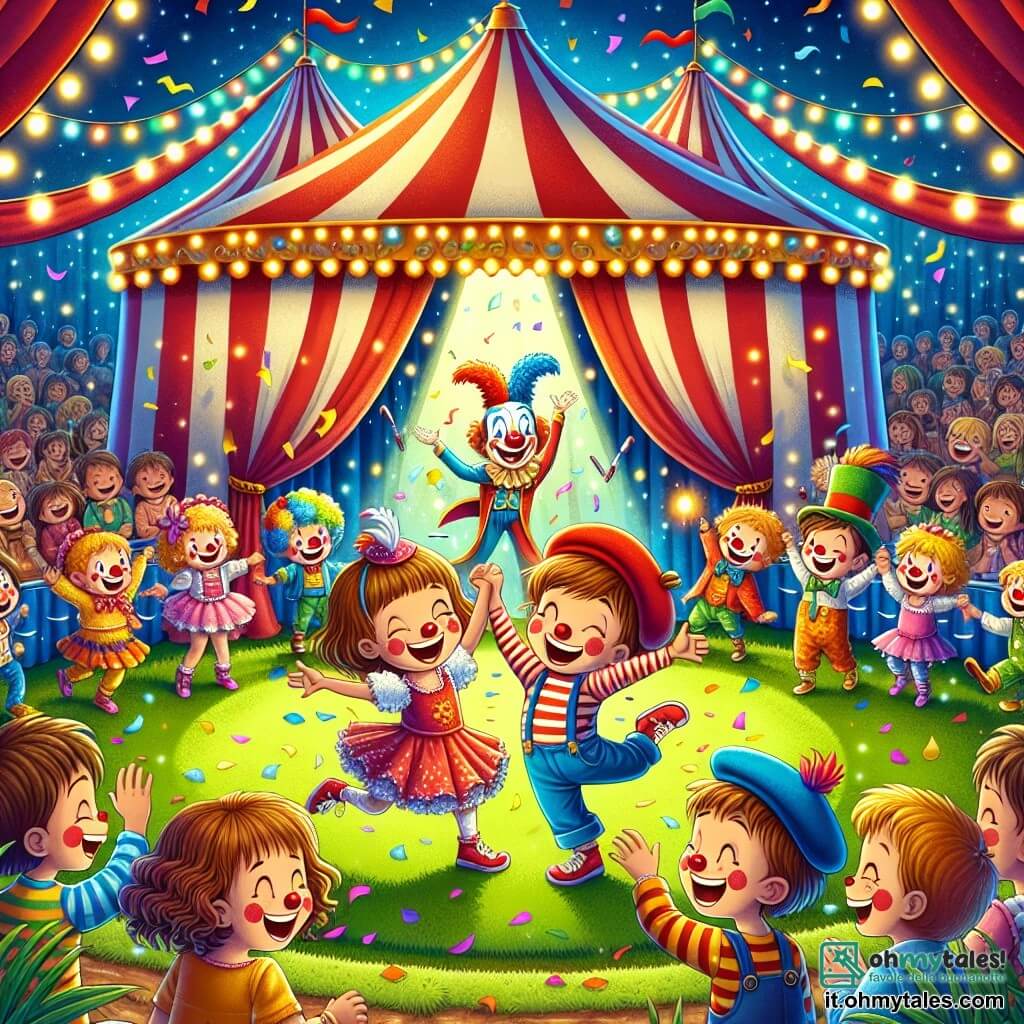 Illustrazione che rappresenta un grande tendone da circo colorato, con strisce rosse e bianche, installato in mezzo a un campo verdeggiante. All'interno, una scena animata dove luci scintillanti illuminano i volti meravigliati del pubblico. Al centro, un ragazzo di cinque anni, con capelli castani arruffati e un grande sorriso, indossa un berretto rosso ornato da una piuma blu. Sta ballando gioiosamente, facendo movimenti divertenti, mentre una ragazza della sua età, con capelli ricci e un vestito colorato, lo osserva con ammirazione. Dietro di loro, un clown, un ragazzo con il viso dipinto di bianco e un naso rosso, fa delle smorfie mentre jongla con palle multicolori, aggiungendo un tocco di magia alla scena. L'atmosfera è piena di risate e applausi, con coriandoli che fluttuano nell'aria, creando un'atmosfera festosa e gioiosa. Animali da circo, come un elefante dalle grandi orecchie e una tigre dalle strisce arancioni, sono anche visibili sullo sfondo, contribuendo alla magia di questo momento indimenticabile.