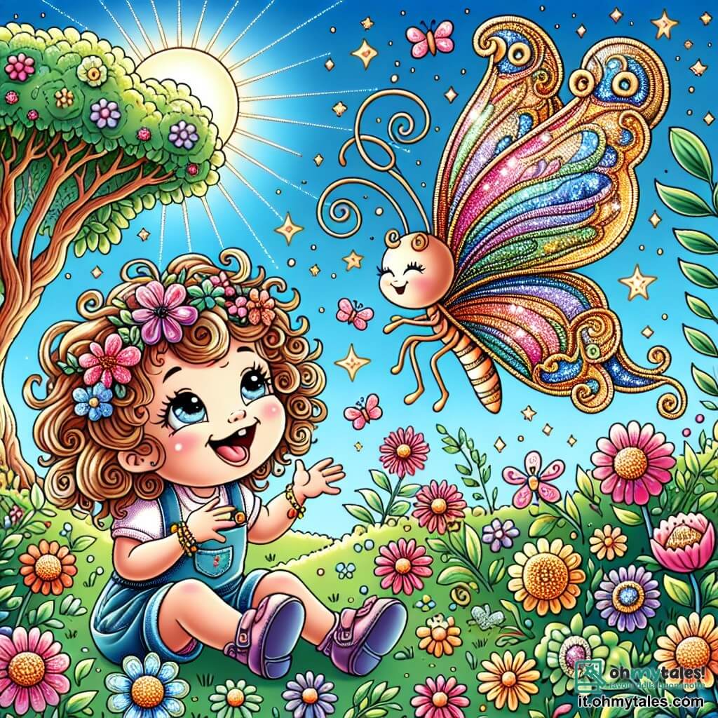 Une illustration sous forme de dessin destinée aux enfants représentant un jardin enchanté, rempli de fleurs colorées et de papillons dansants, où une petite fille d'environ un an, avec des cheveux bouclés et des yeux pétillants, est assise sur l'herbe, souriant joyeusement tout en écoutant une délicate farfalle aux ailes dorées qui lui raconte une histoire magique sur l'importance du sourire et de l'authenticité, tandis qu'un grand arbre majestueux, l'Arbre de la Saggezza, se dresse en arrière-plan, ses feuilles scintillant comme des étoiles sous le soleil.