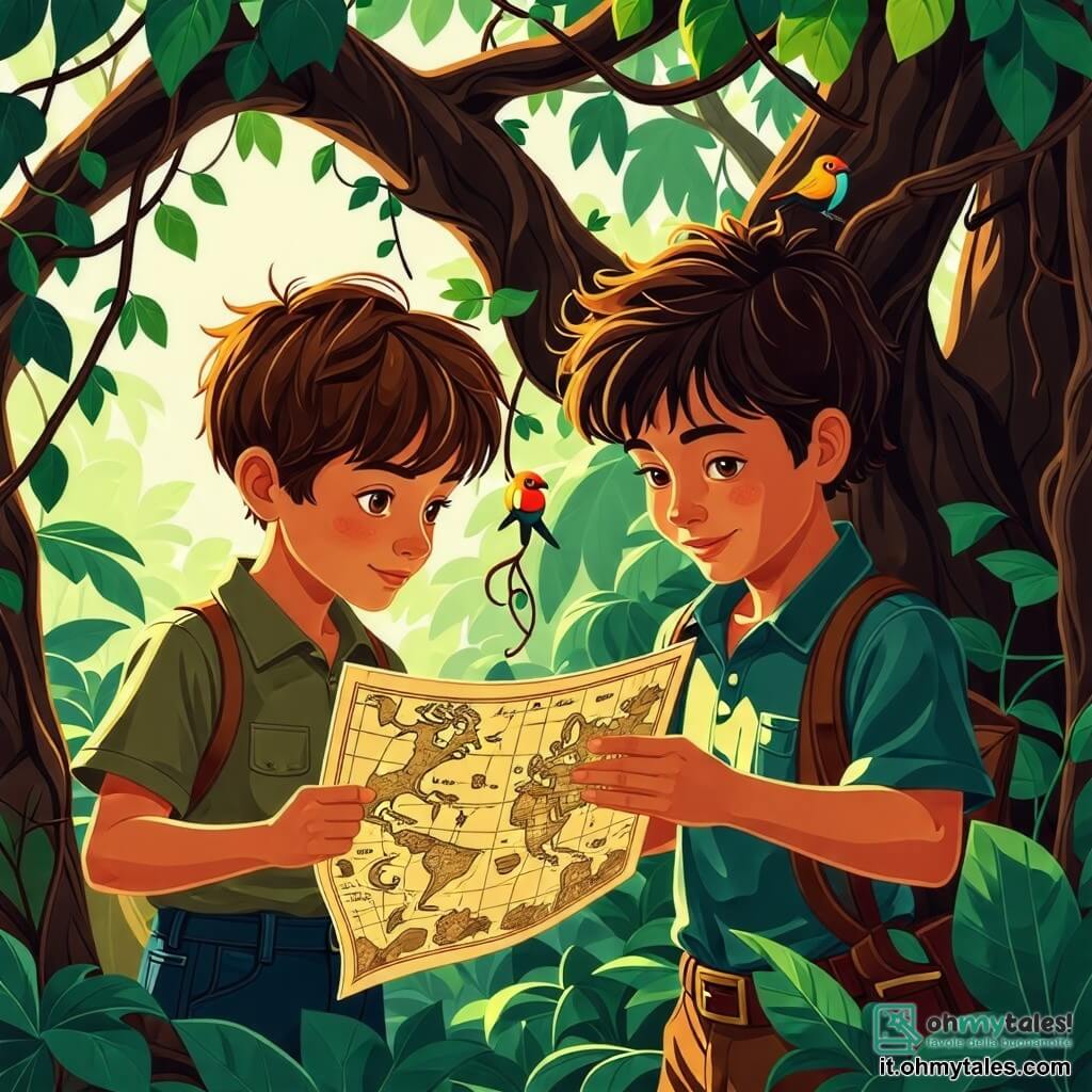 Une illustration destinée aux enfants représentant un jeune garçon intrépide aux yeux pétillants de curiosité, se tenant avec bravoure au bord d'une jungle luxuriante, où des lianes serpentent entre des arbres géants aux troncs noueux et où le chant des oiseaux exotiques résonne dans l'air chaud et humide, tandis qu'à ses côtés, son ami astucieux, un garçon au sourire malicieux, scrute la carte ancienne à la recherche de trésors cachés sous les feuillages éclatants.