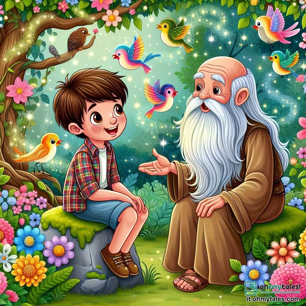 Une illustration sous forme de dessin destinée aux enfants représentant un magnifique jardin enchanté rempli de fleurs colorées et de lumières scintillantes, où un garçon de 11 ans aux cheveux châtains et aux yeux pétillants, vêtu d'une chemise à carreaux et d'un short, s'assoit sur une pierre recouverte de mousse, en train de discuter avec un vieux sage à la longue barbe blanche, vêtu d'une robe simple, qui lui explique les mystères des émotions et de la vie, tandis qu'un groupe d'oiseaux colorés chante joyeusement autour d'eux, symbolisant la quête de la vérité et de la sagesse.