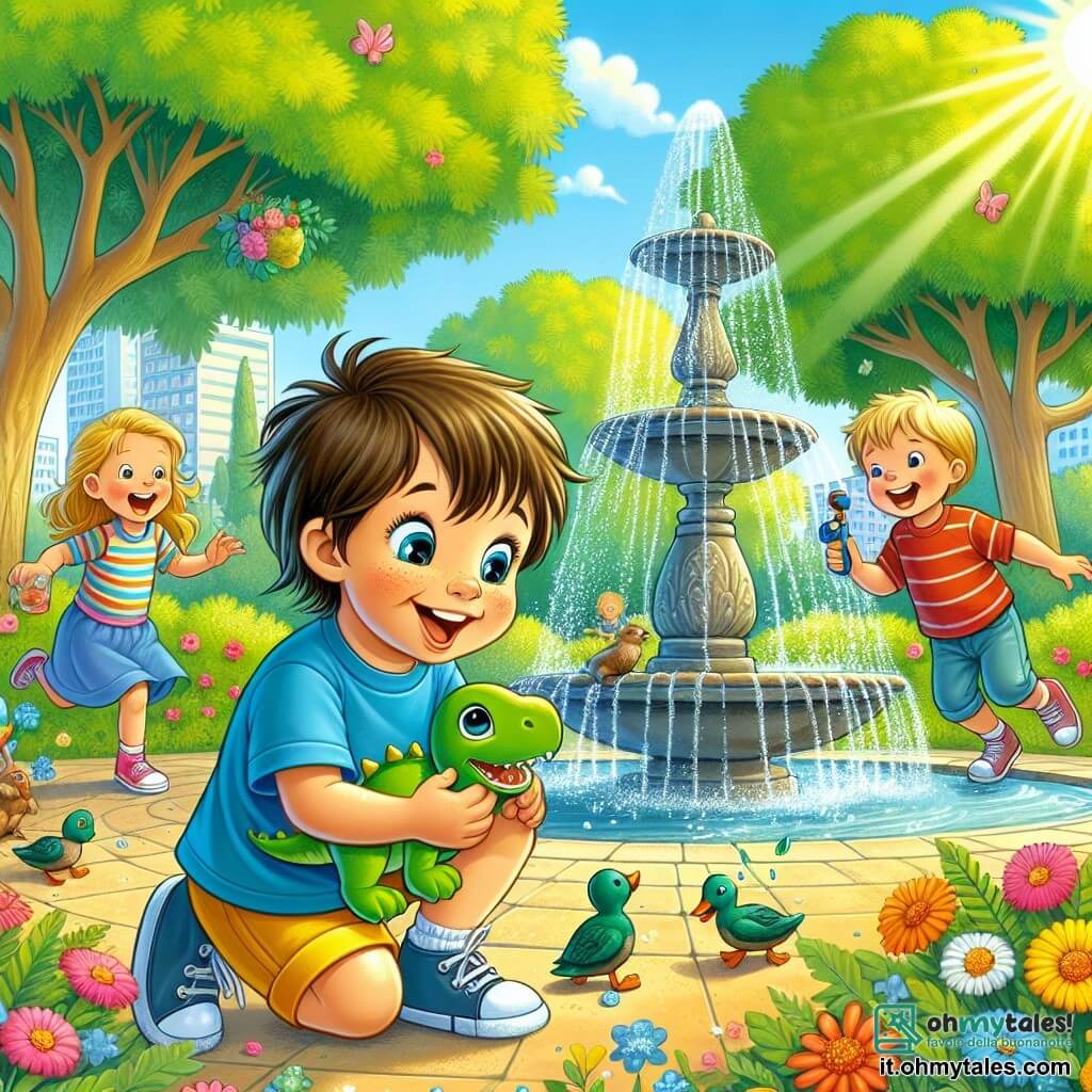 Illustrazione che rappresenta un parco soleggiato, pieno di grandi alberi con foglie verdi brillanti e fiori colorati che danzano sotto la leggera brezza. Al centro della scena, un bambino di 5 anni con capelli castani disordinati e occhi scintillanti di curiosità, indossa una maglietta blu e pantaloni corti gialli, si piega con entusiasmo verso una fontana. Tiene tra le braccia un dinosauro di peluche verde, sorridendo a denti stretti. Intorno a lui, un gruppo di tre bambini, due maschi e una femmina, tutti di circa 6 anni, giocano felicemente. Uno dei maschi ha capelli biondi e indossa una maglietta rossa, mentre l'altro ha capelli neri e un maglione a righe. La ragazza, con lunghi capelli castani e un vestito rosa, ride mentre tiene una piccola canna da pesca in plastica. La situazione principale mostra il bambino che scopre il suo dinosauro di peluche accanto alla fontana, circondato da anatre che spruzzano acqua, creando un'atmosfera gioiosa e ludica. Spruzzi d'acqua brillano al sole e bolle di sapone fluttuano nell'aria, aggiungendo un tocco magico a questa scena di avventura e risate.