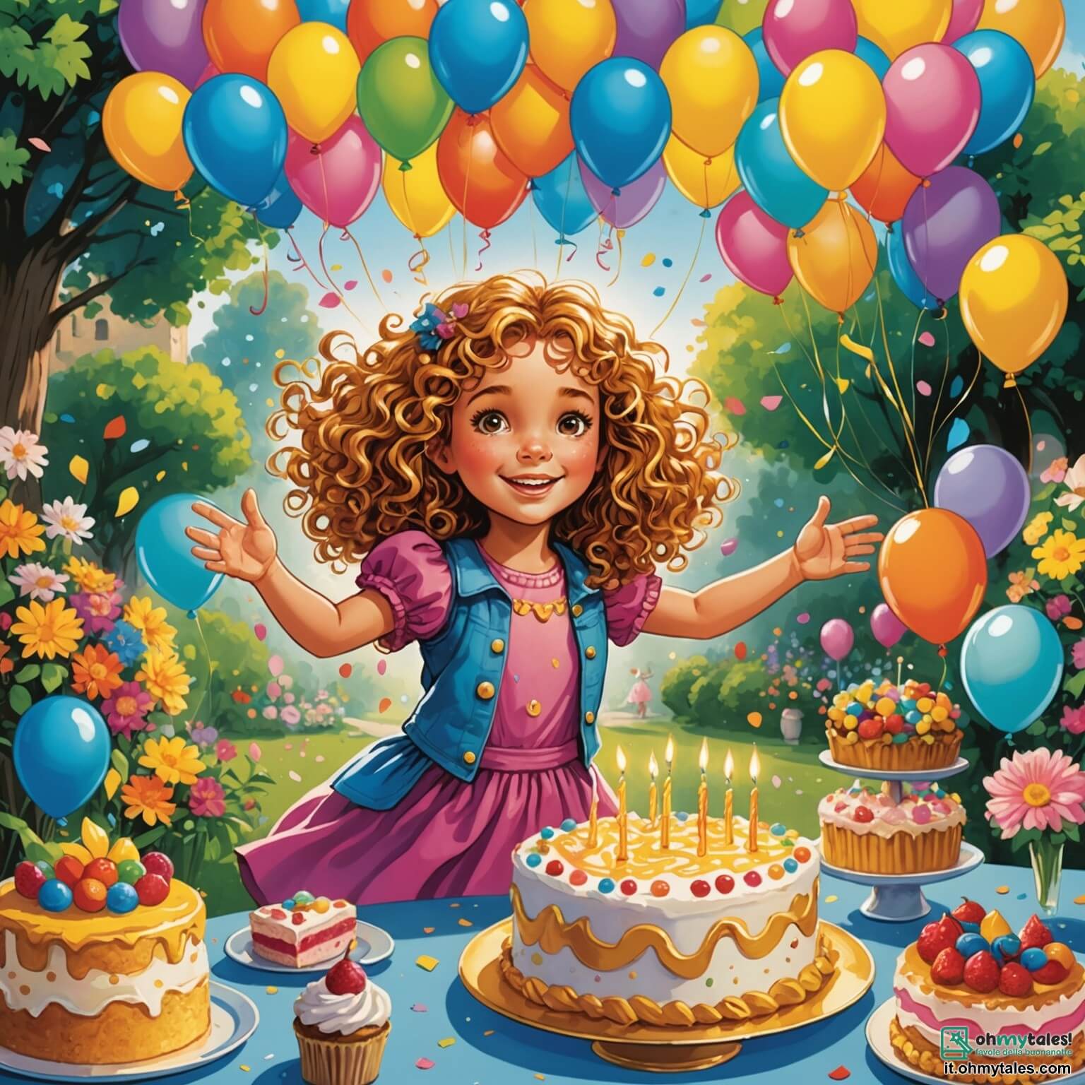 Une illustration destinée aux enfants représentant une petite fille aux cheveux bouclés et brillants comme des fils d'or, débordante d'énergie et d'excitation, se préparant à célébrer son septième anniversaire dans un jardin enchanté, où des fleurs colorées dansent au gré du vent, des ballons multicolores flottent dans les airs comme des rêves, et une grande table ornée de gâteaux scintillants et de douceurs sucrées attend avec impatience la visite de ses amis, parmi lesquels se trouvent un garçon aux lunettes rondes, curieux et espiègle, et une fille aux cheveux tressés, pleine de rires et de joie, tous réunis dans cette atmosphère festive et lumineuse, où chaque coin du jardin semble murmurer des promesses d'aventures et de surprises.