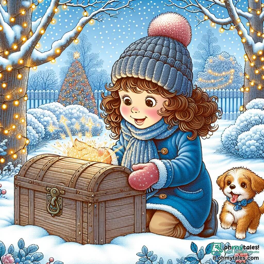 Une illustration sous forme de dessin destinée aux enfants représentant un jardin enneigé, où une fille de 11 ans aux cheveux bruns et bouclés, vêtue d'un manteau bleu et d'un bonnet de laine, découvre un ancien écrin en bois scintillant, tandis qu'à ses côtés, un petit chien au pelage doré, joyeux et curieux, renifle la neige, et en arrière-plan, des arbres décorés de lumières de Noël créent une atmosphère magique, symbolisant l'émerveillement et l'esprit de Noël.
