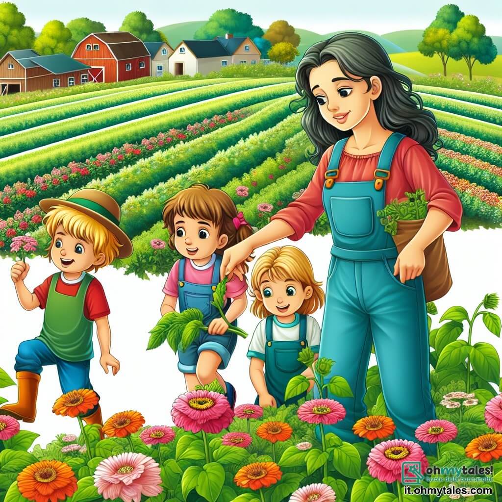 Une illustration destinée aux enfants représentant une jeune agricultrice passionnée, accompagnée de trois enfants (deux garçons et une fille), explorant une ferme entourée de champs verdoyants et de fleurs multicolores.