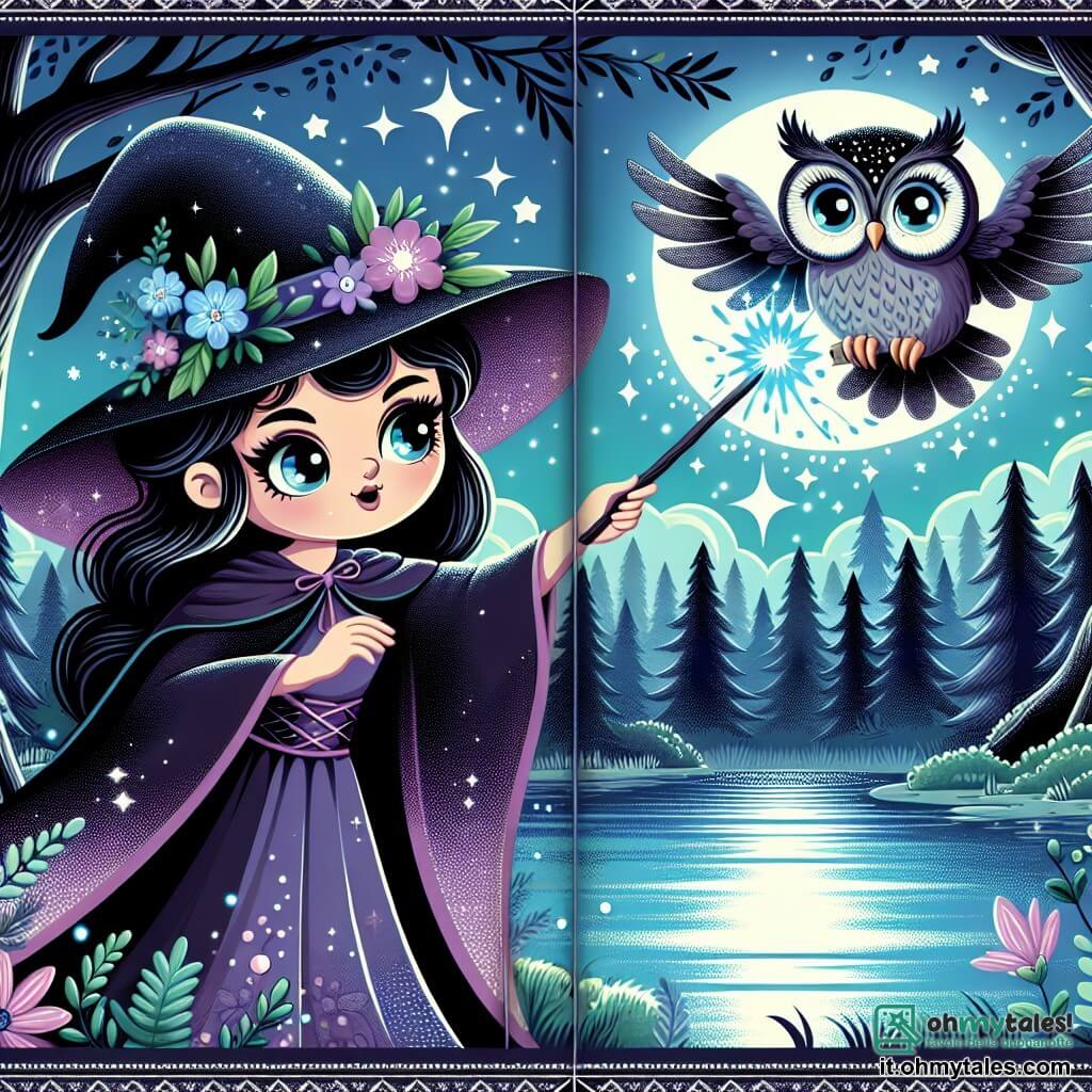 Une illustration destinée aux enfants représentant une sorcière aux cheveux d'ébène, lançant des éclairs magiques dans une forêt enchantée, accompagnée d'un hibou sage, à côté d'un lac miroitant sous le clair de lune.
