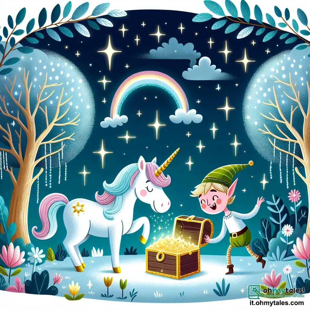 Une illustration destinée aux enfants représentant une licorne espiègle découvrant un trésor magique avec l'aide d'un lutin farceur dans une clairière enchantée bordée de fleurs lumineuses et d'arbres aux feuilles scintillantes.