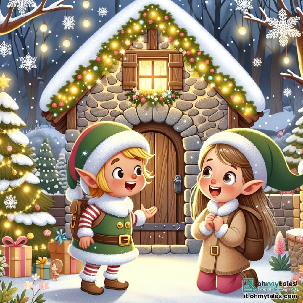 Une illustration destinée aux enfants représentant une petite fille émerveillée par l'arrivée d'un elfe joyeux dans une maison aux murs de pierre recouverts de guirlandes lumineuses et de flocons de neige, située au milieu d'une forêt enchantée.