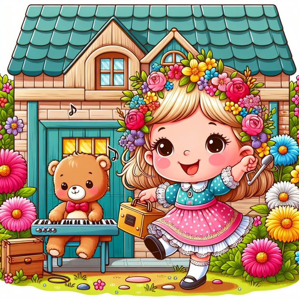 Une illustration destinée aux enfants représentant une petite fille pleine de vie et de curiosité, préparant une surprise musicale pour sa maman, accompagnée de son fidèle ours en peluche, dans une charmante maisonnette entourée de fleurs colorées.
