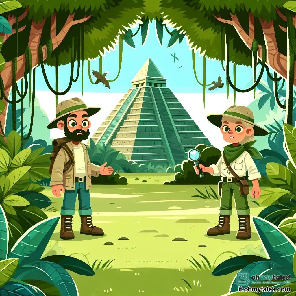 Une illustration destinée aux enfants représentant un explorateur intrépide, un naturaliste curieux, et une mystérieuse pyramide envahie par la végétation, située au cœur d'une dense et sauvage jungle.