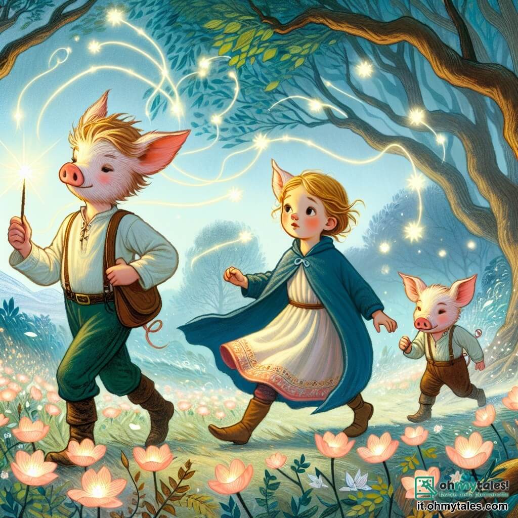Une illustration destinée aux enfants représentant une jeune cochonne intrépide, accompagnée de ses deux frères curieux, affrontant des épreuves magiques dans une forêt enchantée aux arbres dansant au rythme du vent et aux fleurs lumineuses éclairant le chemin de leur quête.